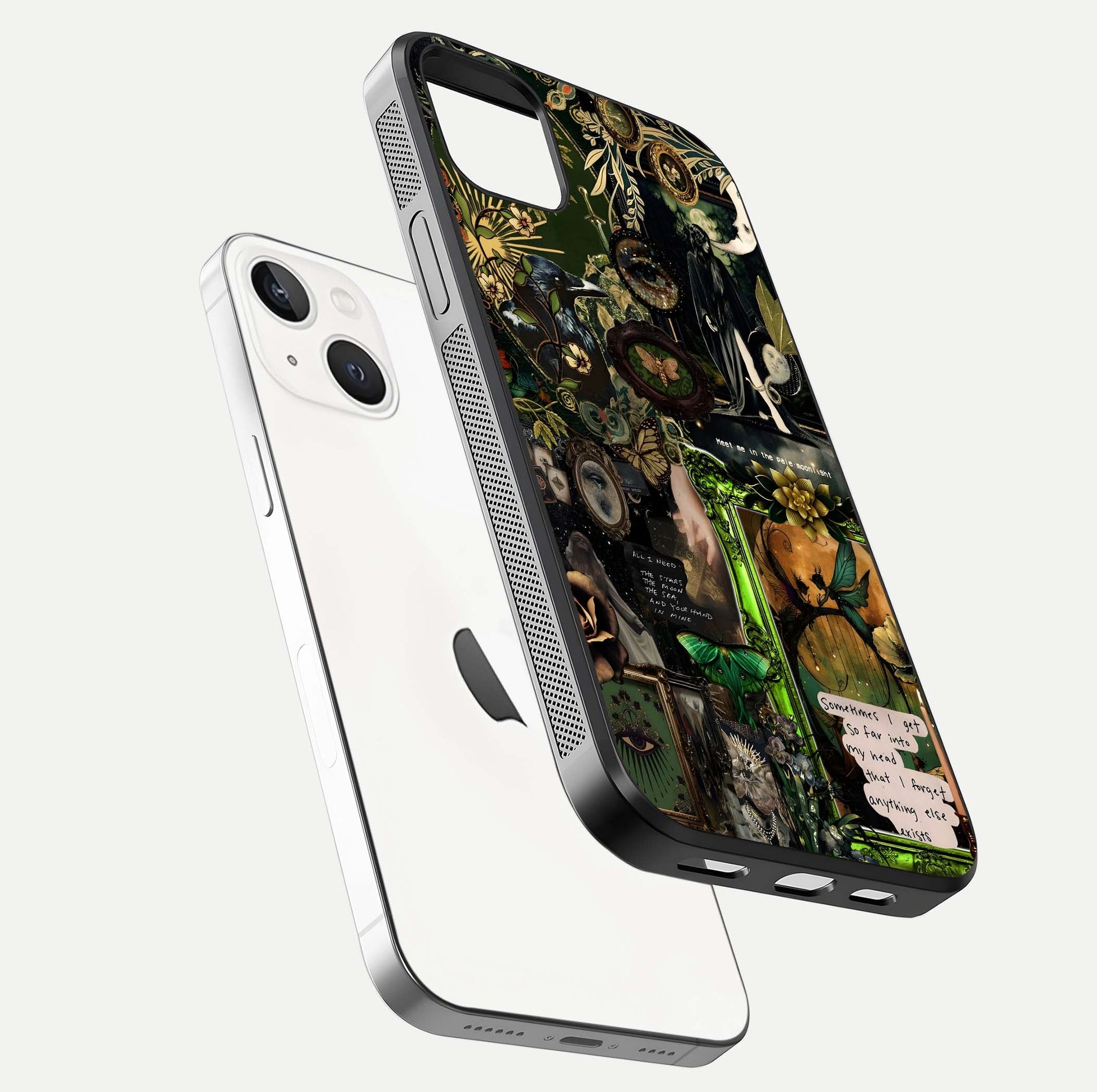 Mystic Woods Secret Glass Case for iPhone 14 Plus floating dual-view mockup showing HD shine and depth
