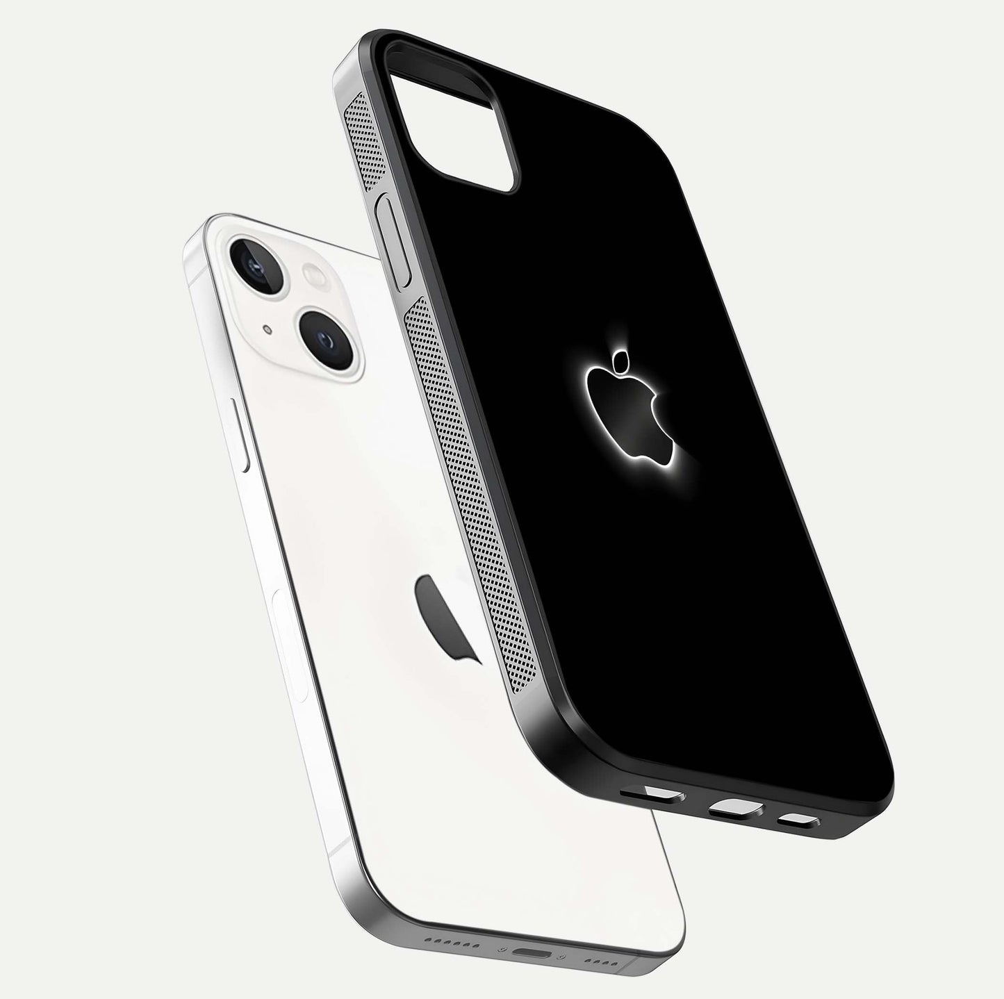 Neon Apple Glow Glass Case for iPhone 14 Plus floating dual-view mockup showing HD shine and modern look