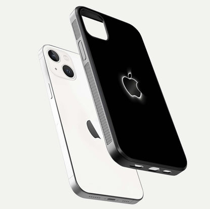 Neon Apple Glow Glass Case for iPhone 14 Plus floating dual-view mockup showing HD shine and modern look