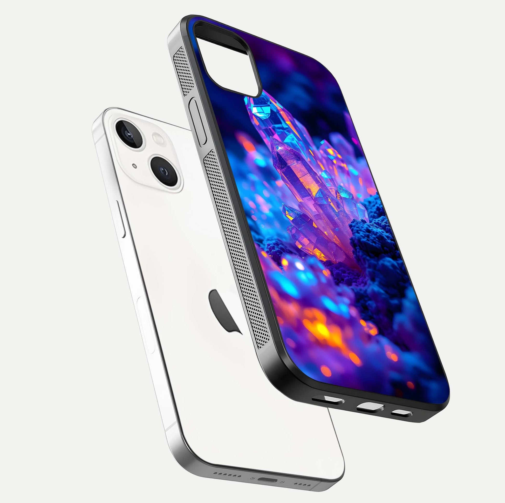 Neon Aura Shards Glass Case for iPhone 14 Plus floating dual-view mockup showing HD shine and shard texture