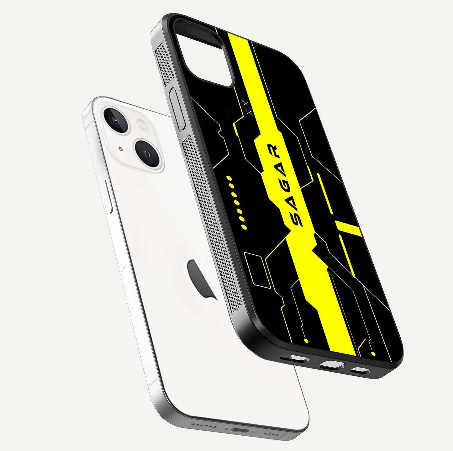 Neon CYBERPUNK Custom Name Glass Case for iPhone 14 Plus floating dual-view mockup showing HD shine and neon lines