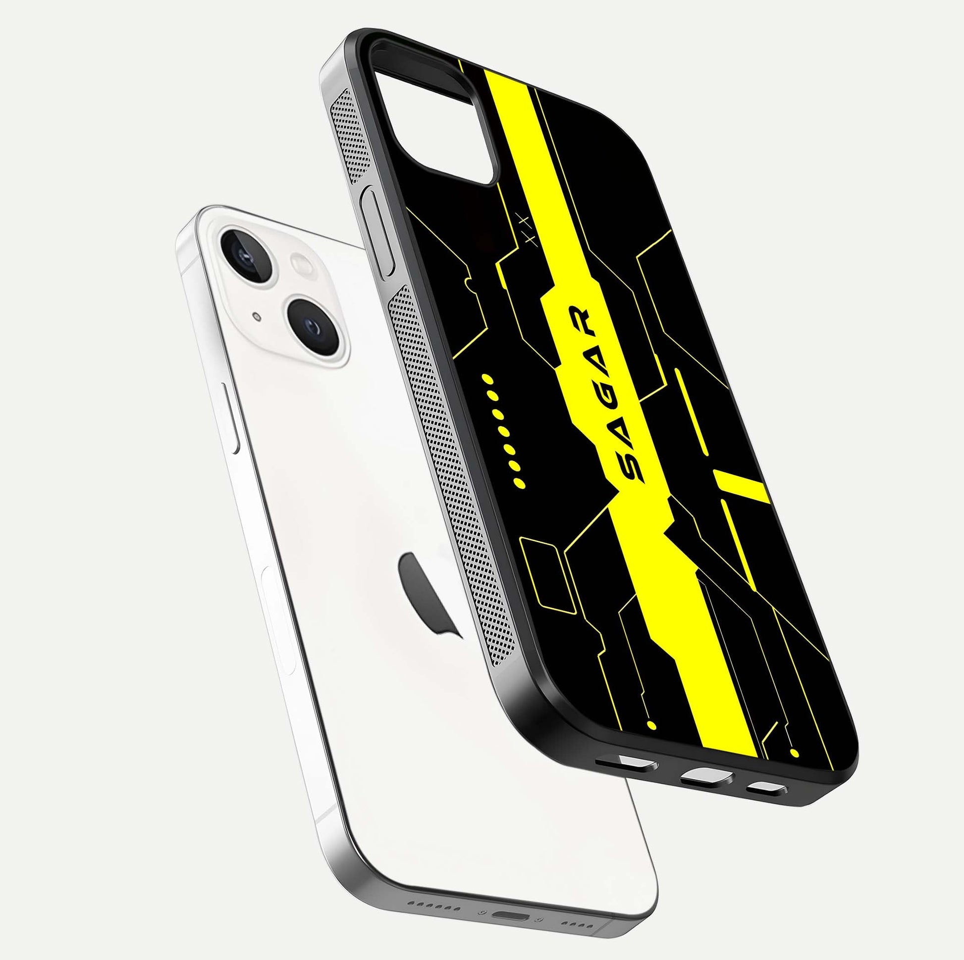 Neon CYBERPUNK Custom Name Glass Case for iPhone 14 Plus floating dual-view mockup showing HD shine and neon lines