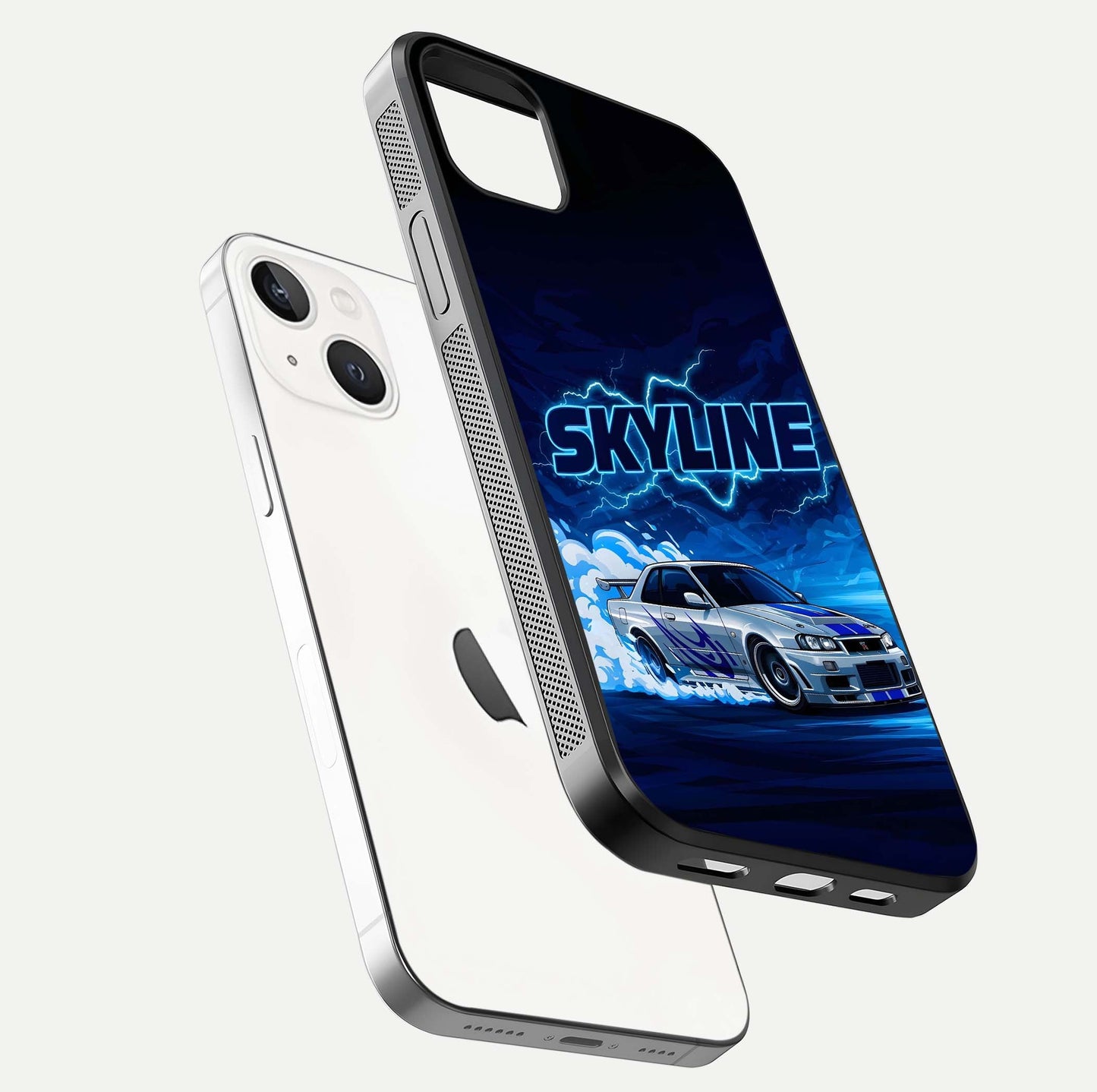 Neon Drift Beast Glass Case for iPhone 14 Plus floating dual-view mockup showing gloss texture and motion glow