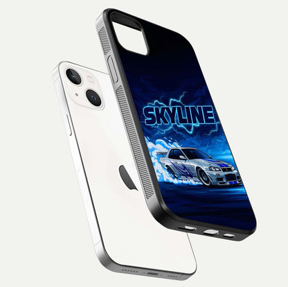 Neon Drift Beast Glass Case for iPhone 14 Plus floating dual-view mockup showing gloss texture and motion glow