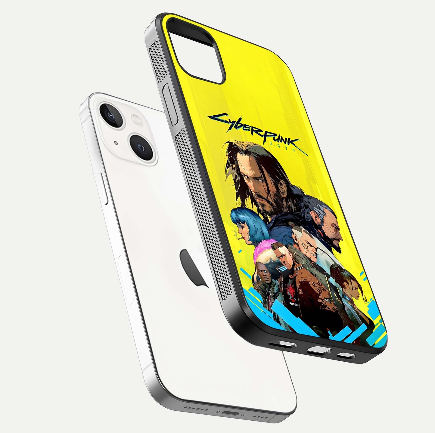 Neon Rebel Genesis Glass Case for iPhone 14 Plus floating dual-view mockup showing electric glow and depth