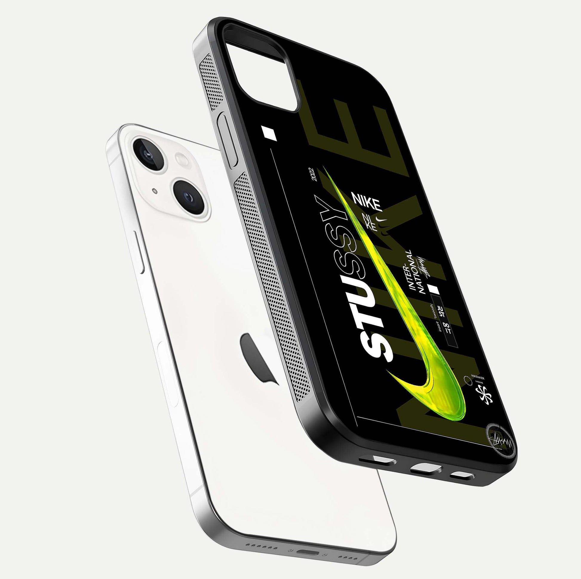 Neon Street Edition Glass Case for iPhone 14 Plus floating dual-view mockup showing HD gloss and neon glow