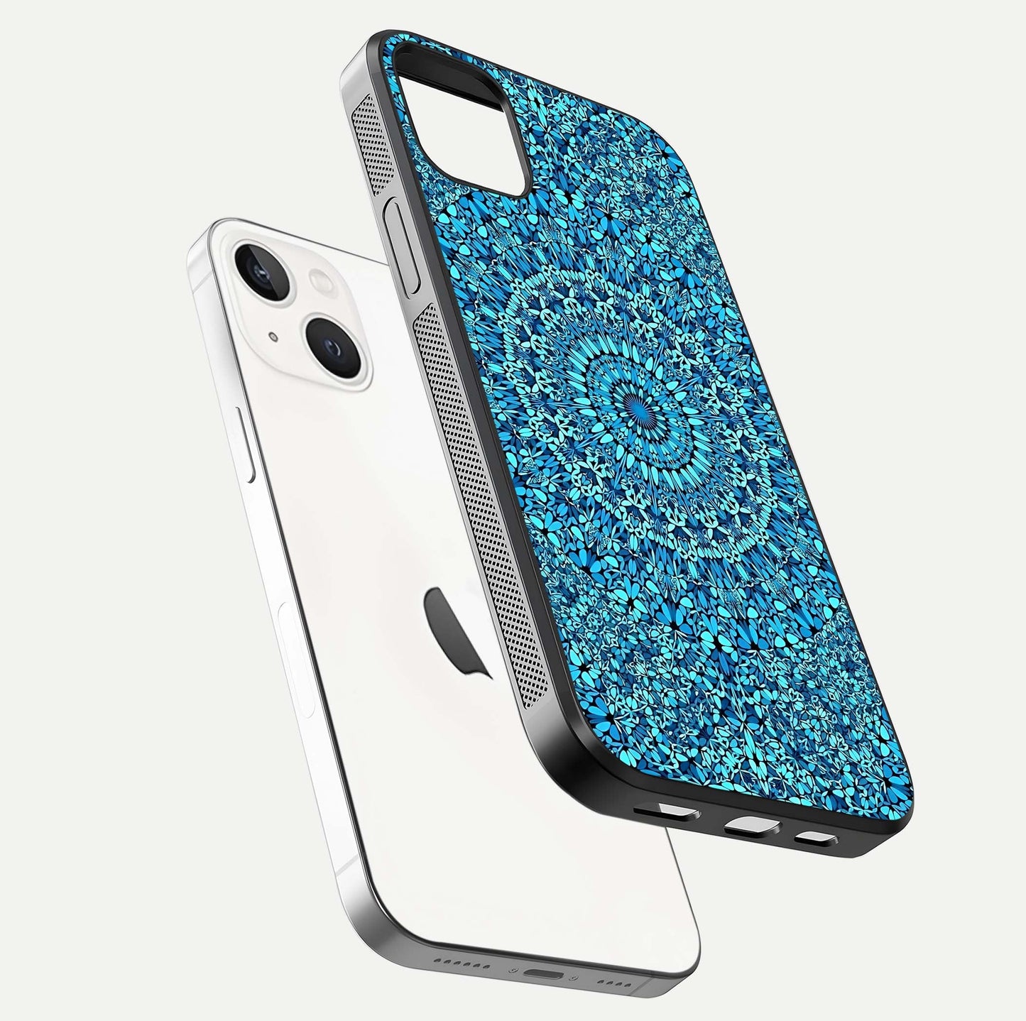 Ocean Bloom Mandala Glass Case for iPhone 14 Plus floating dual-view mockup showing gloss texture and print depth