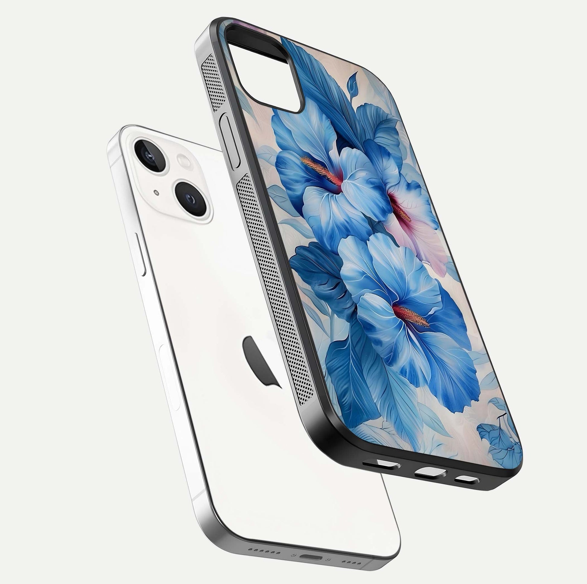 Ocean Hibiscus Grace Glass Case for iPhone 14 Plus floating dual-view mockup showing gloss reflection and print clarity