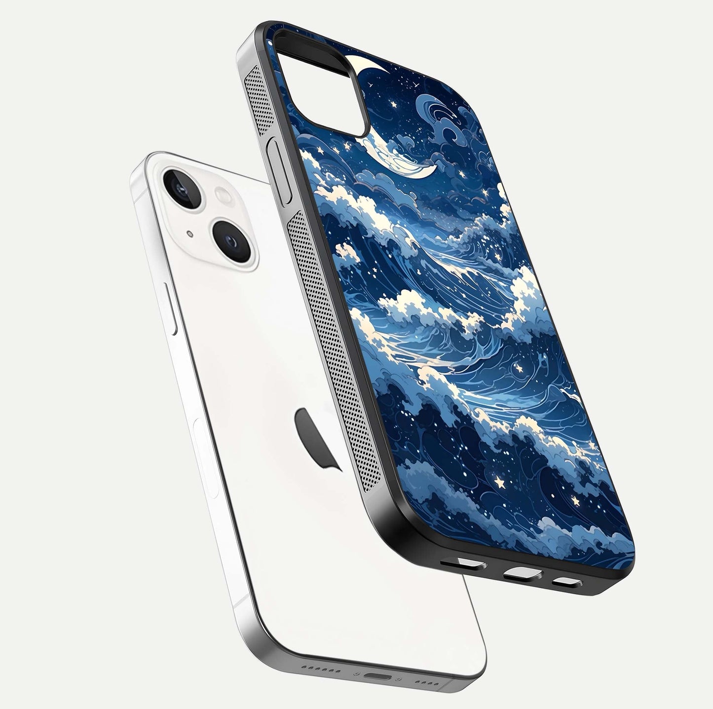 Ocean Moon Waves Glass Case for iPhone 14 Plus floating dual-view mockup showing gloss texture and moon glow