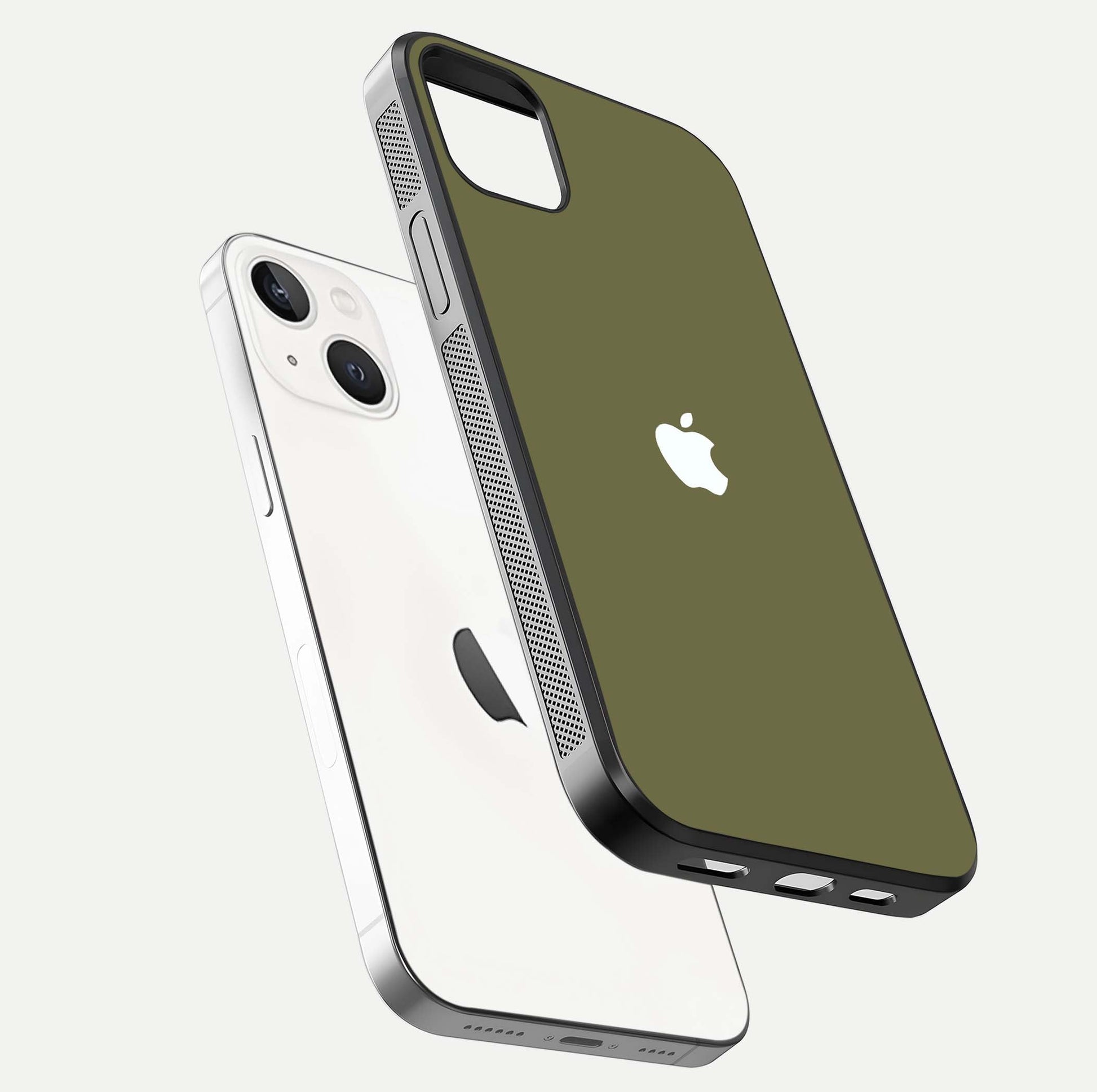 Olive Matte Essence Glass Case for iPhone 14 Plus floating dual-view mockup showing matte gloss and depth