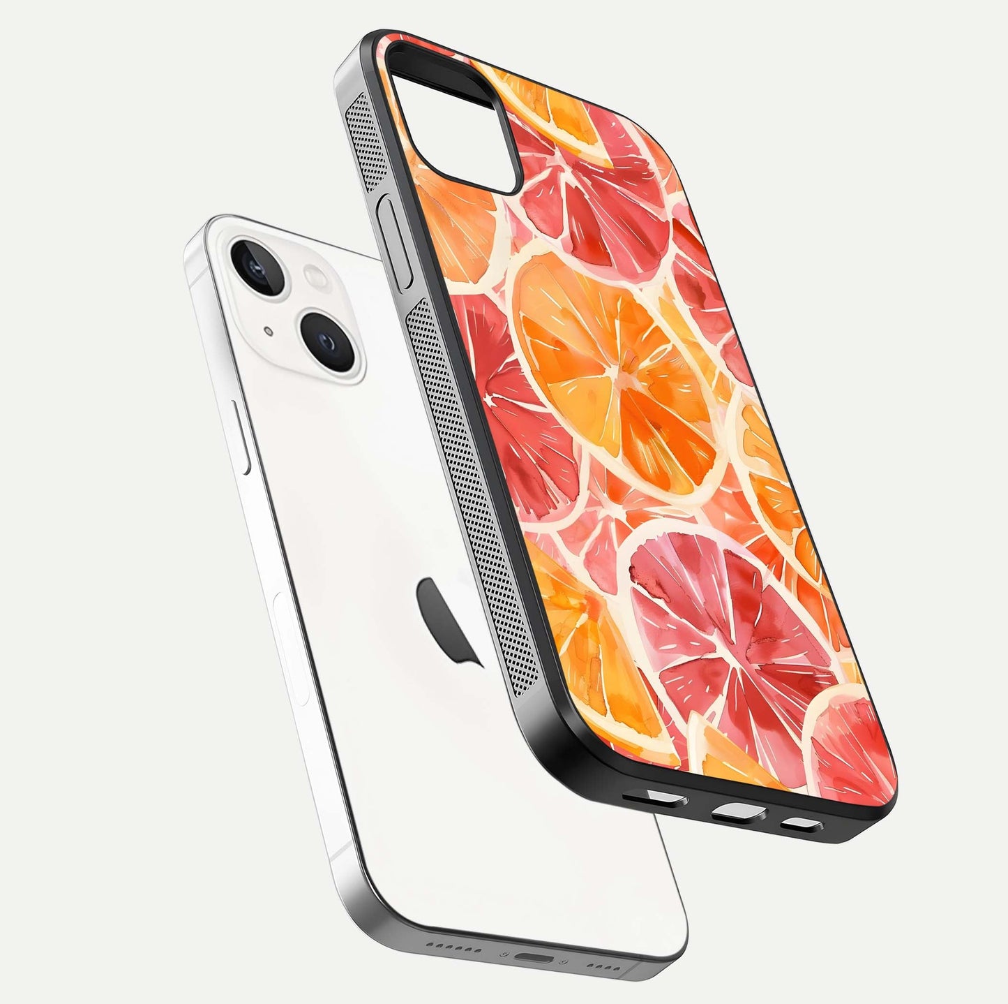 Orange Fruits Pattern Glass Case for iPhone 14 Plus floating dual-view mockup showing gloss reflection and HD tone