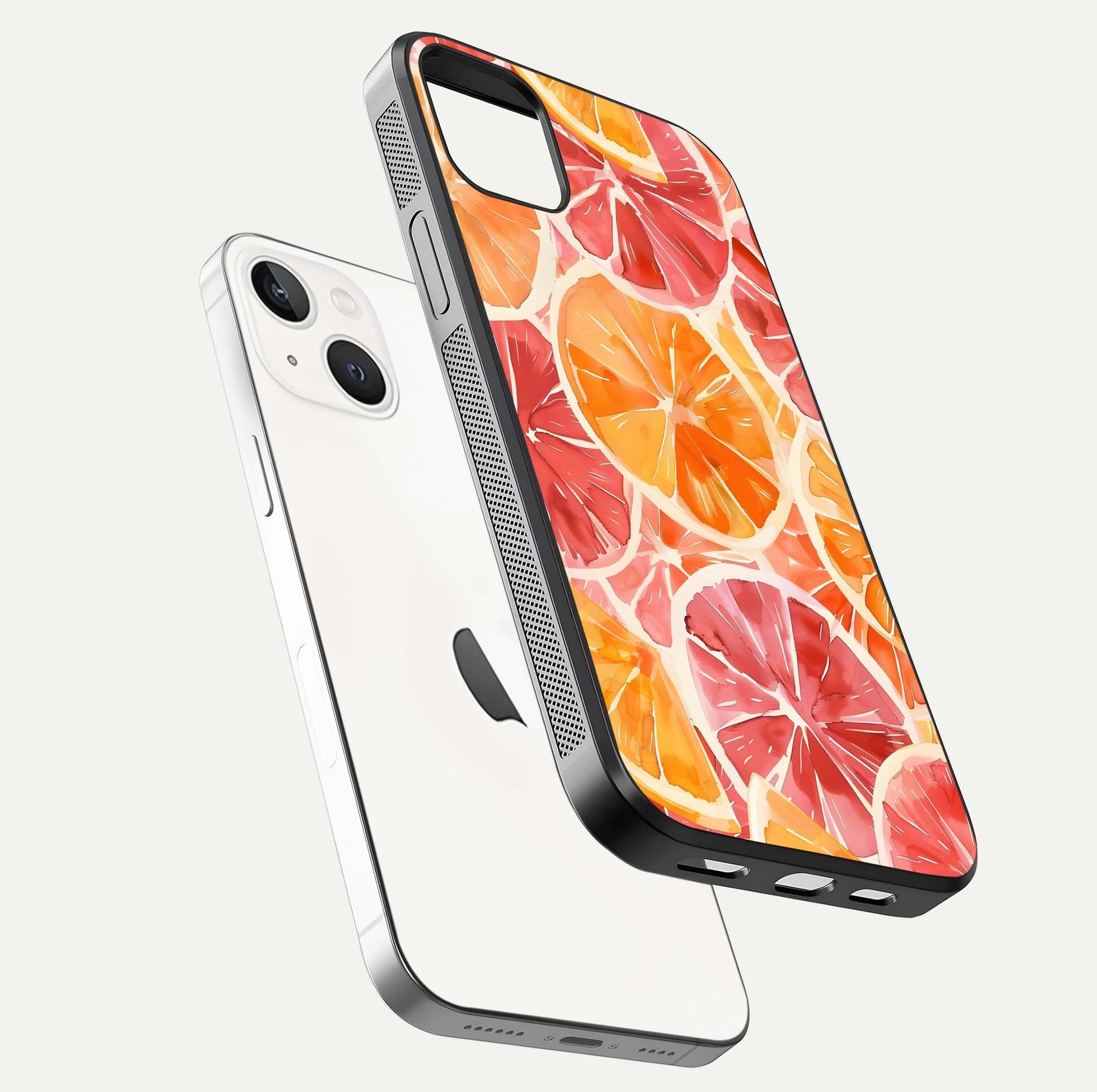 Orange Fruits Pattern Glass Case for iPhone 14 Plus floating dual-view mockup showing gloss reflection and HD tone