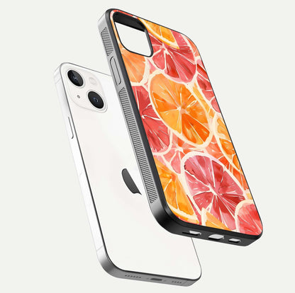 Orange Fruits Pattern Glass Case for iPhone 14 Plus floating dual-view mockup showing gloss reflection and HD tone