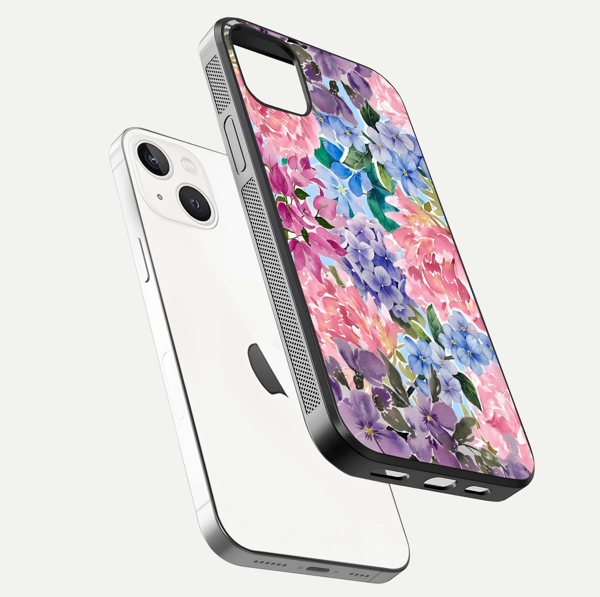 Pastel Floral Mix Glass Case for iPhone 14 Plus floating dual-view mockup showing HD gloss and floral texture