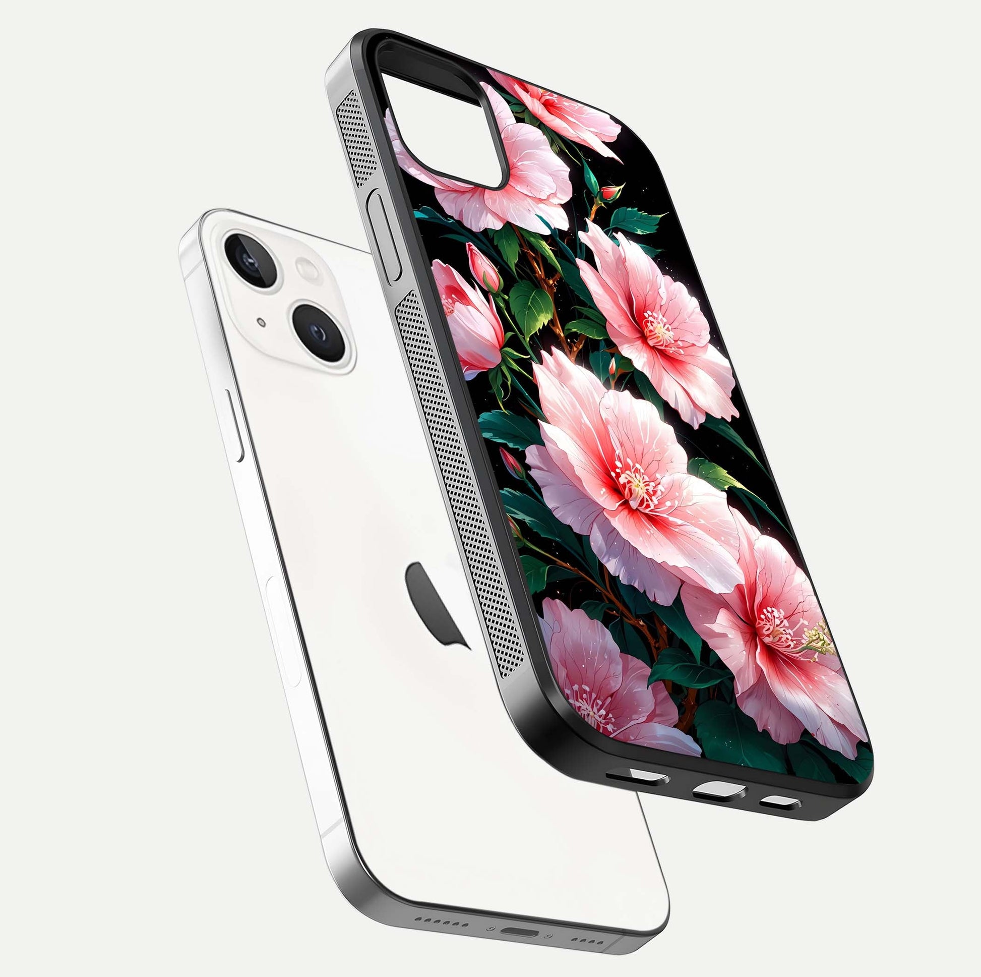 Peach Flower Glass Case for iPhone 14 Plus floating dual-view mockup displaying shine and delicate flower art