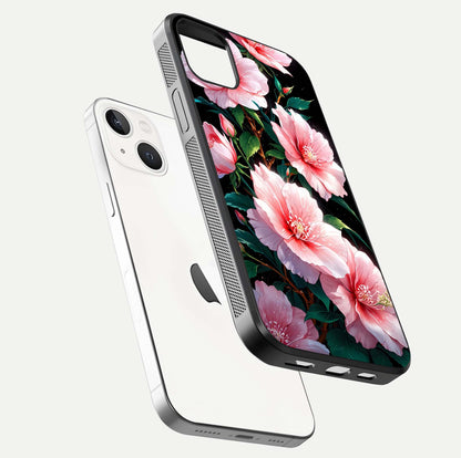 Peach Flower Glass Case for iPhone 14 Plus floating dual-view mockup displaying shine and delicate flower art