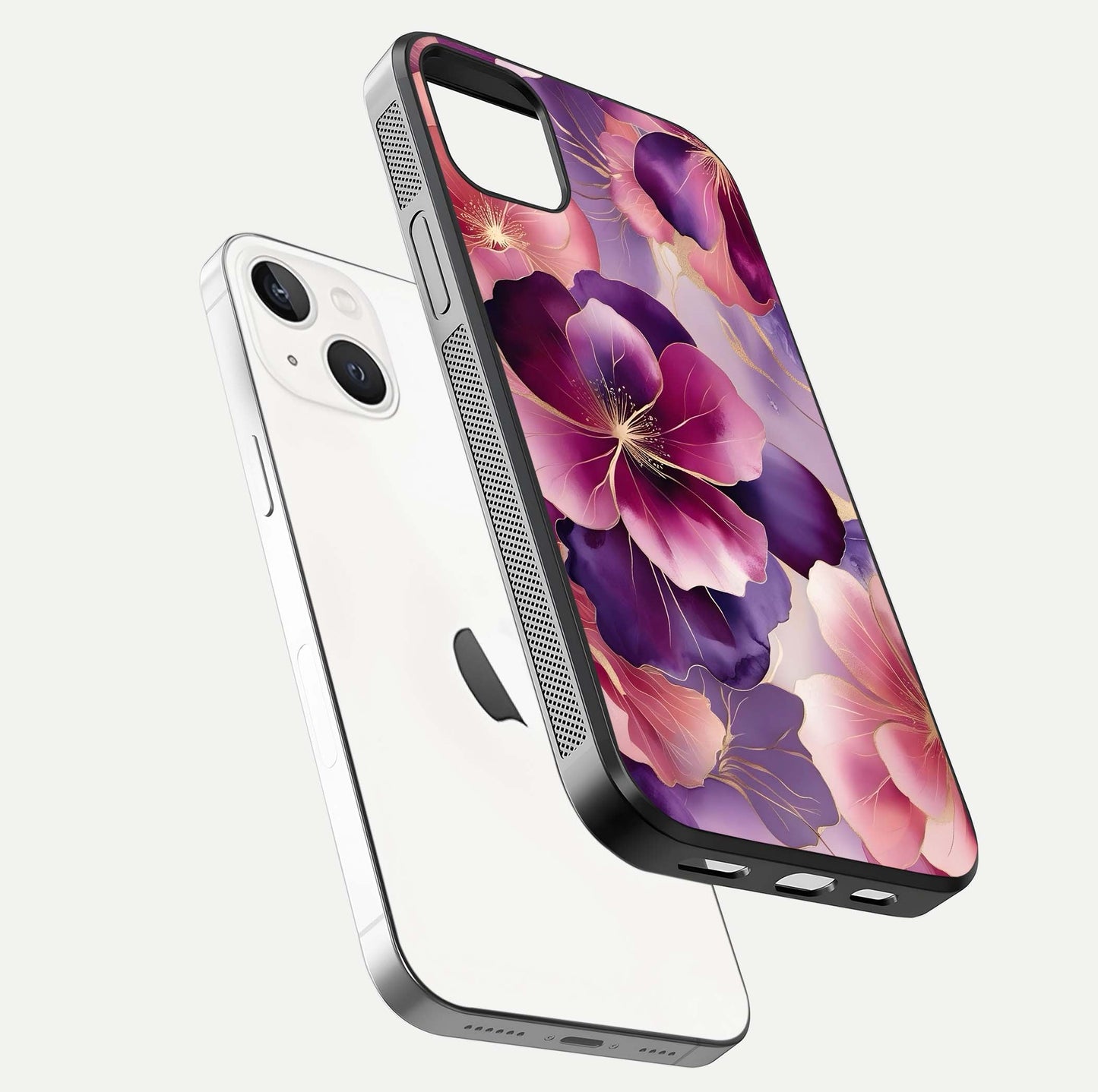 Pink Bouquet Florals Glass Case for iPhone 14 Plus floating dual-view mockup showing gloss surface and color depth