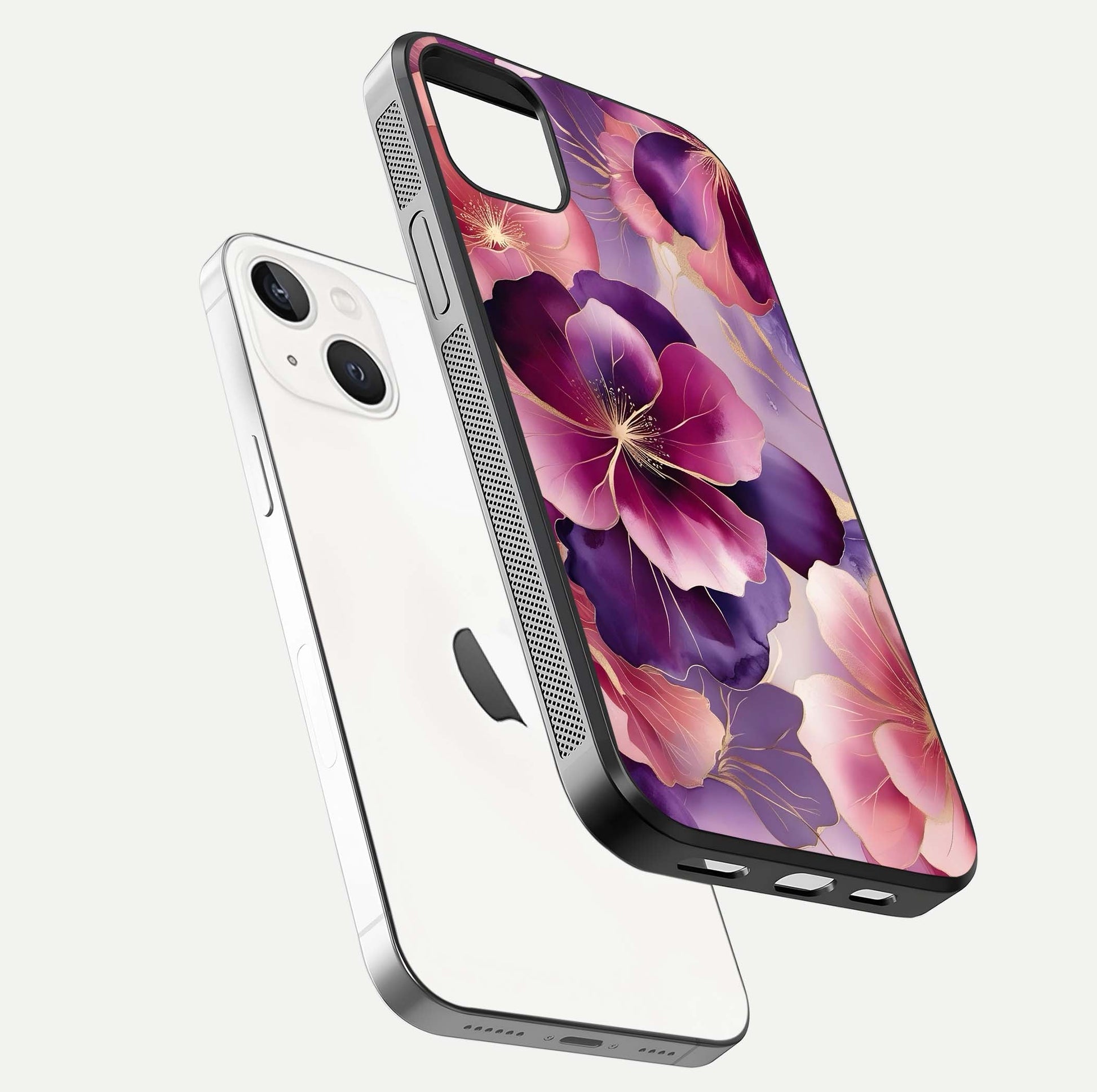 Pink Bouquet Florals Glass Case for iPhone 14 Plus floating dual-view mockup showing gloss surface and color depth