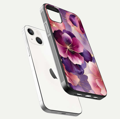 Pink Bouquet Florals Glass Case for iPhone 14 Plus floating dual-view mockup showing gloss surface and color depth