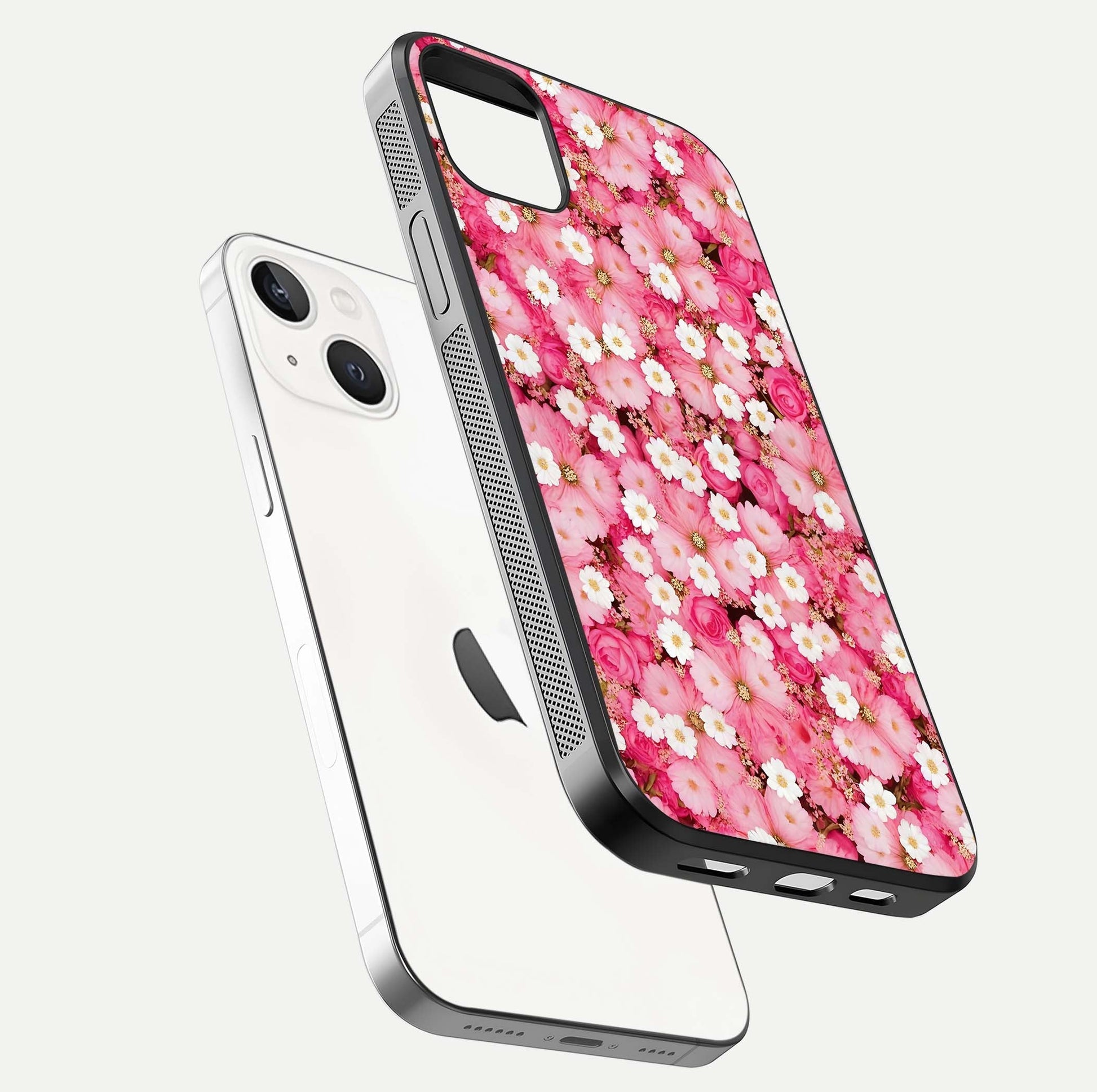 Pink Daisy Bliss Glass Case for iPhone 14 Plus floating dual-view mockup displaying gloss shine and pastel tones
