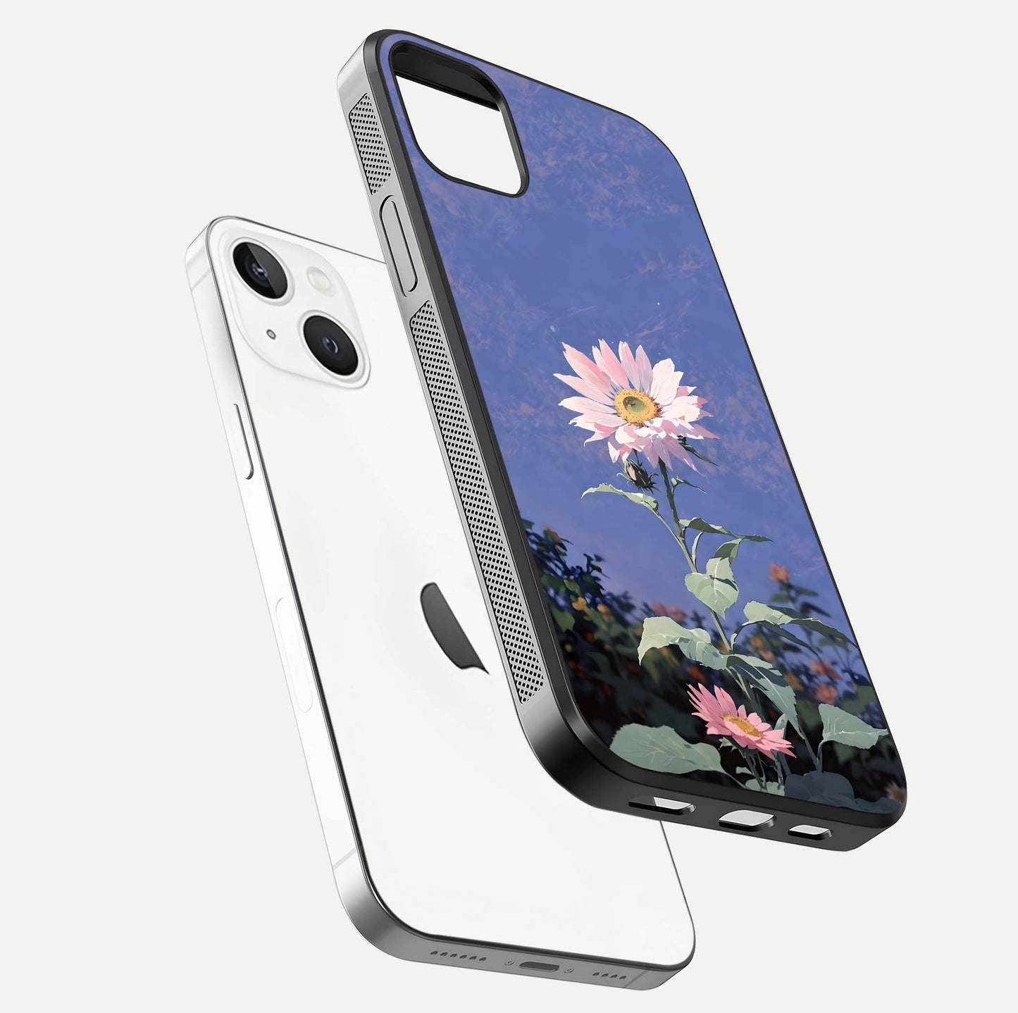 Pink Sunflower Glow Glass Case for iPhone 14 Plus floating dual-view mockup showing gloss reflection and design depth