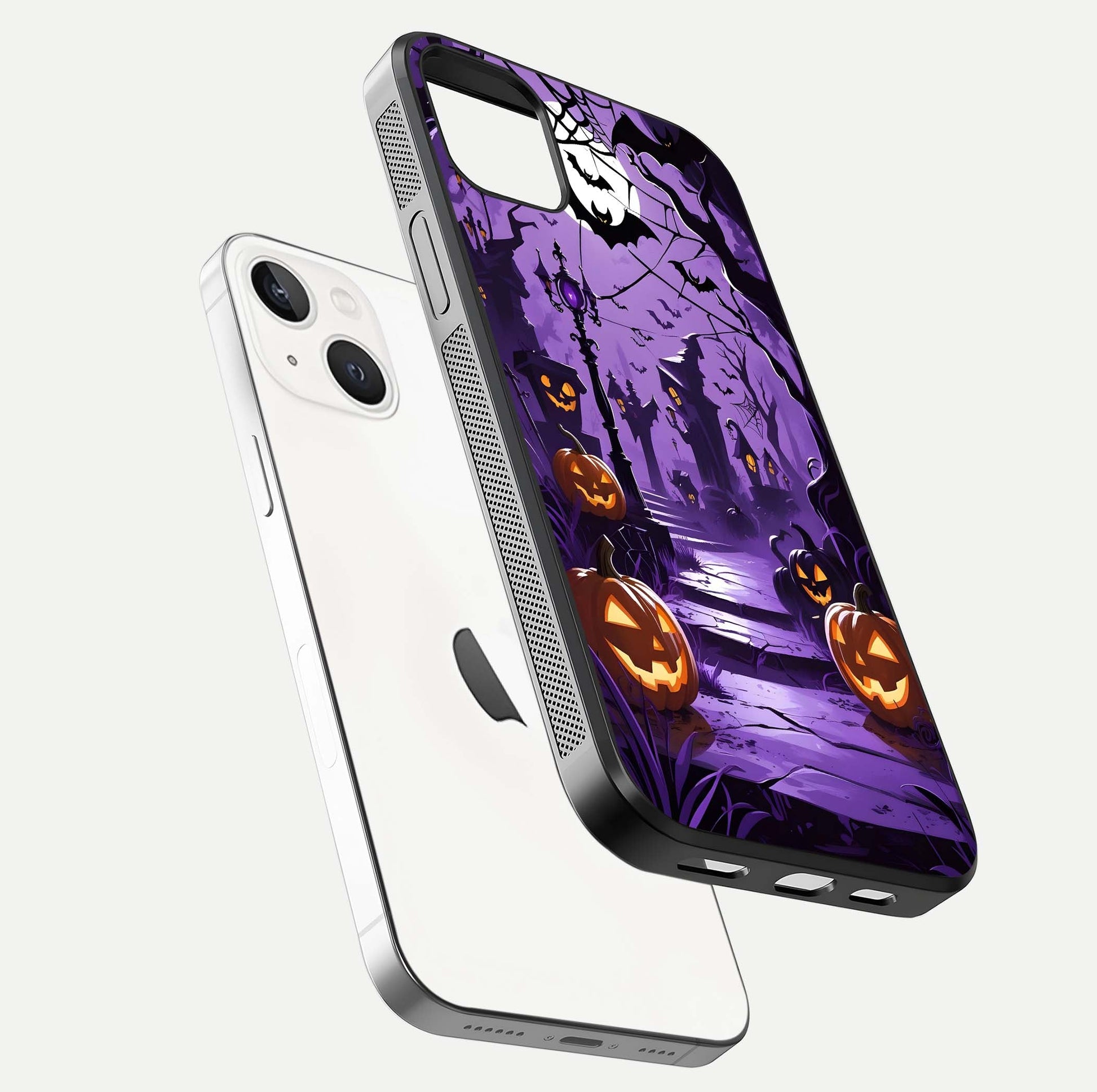 Pumpkin Patch Halloween Glass Case for iPhone 14 Plus floating dual-view mockup displaying gloss and dark tone