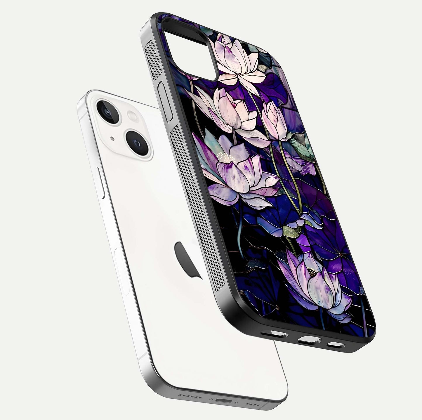 Purple Lotus Pattern Glass Case for iPhone 14 Plus floating dual-view mockup showing glass shine and vivid purple hue