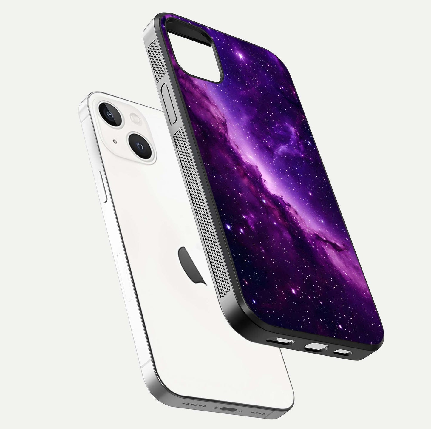 Purple Shade Sky Glass Case for iPhone 14 Plus floating dual-view mockup displaying gloss and sky theme