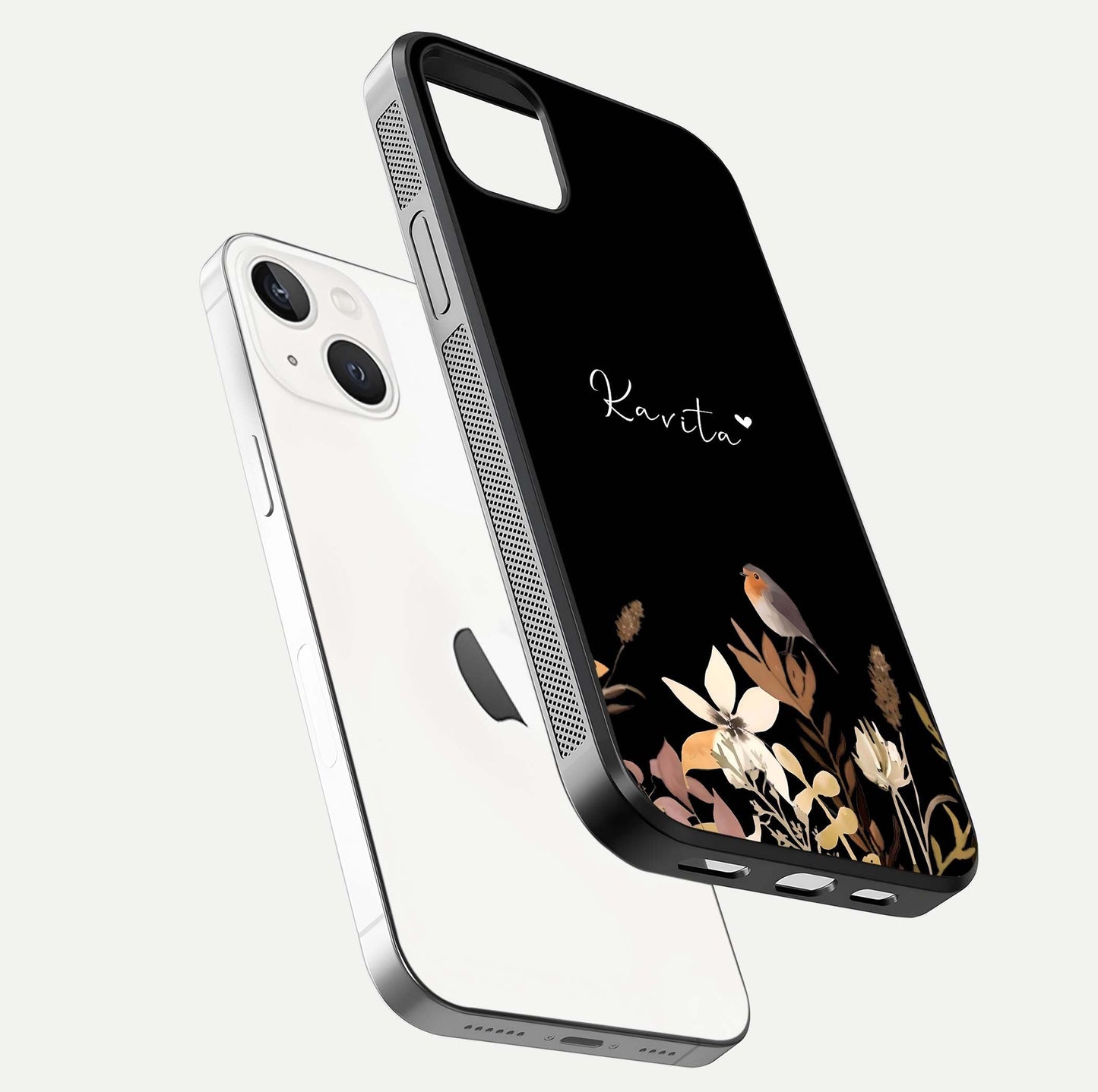 Quiet Garden Tune Custom Name Glass Case for iPhone 14 Plus floating dual-view mockup showing gloss and elegant detail