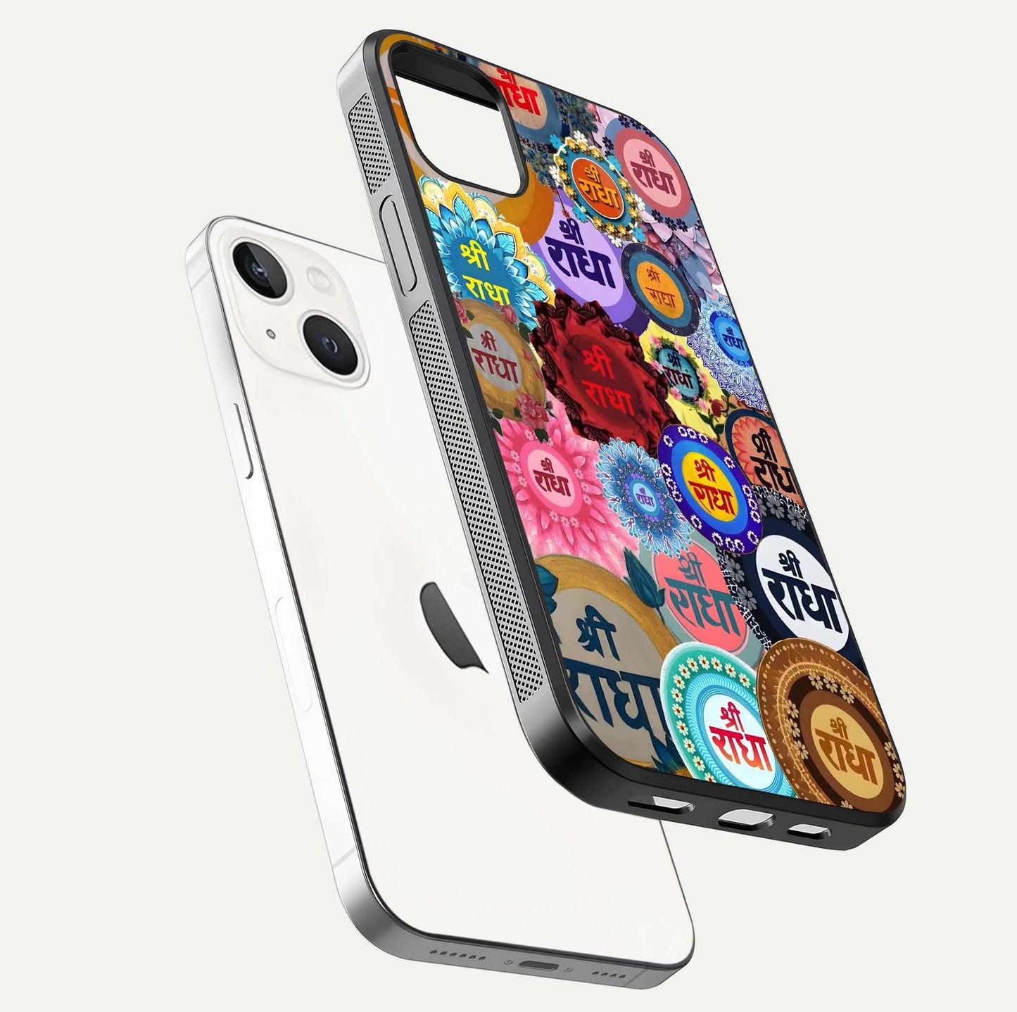 Radha Divine Bloom Glass Case for iPhone 14 Plus floating dual-view mockup showing gloss depth and HD art