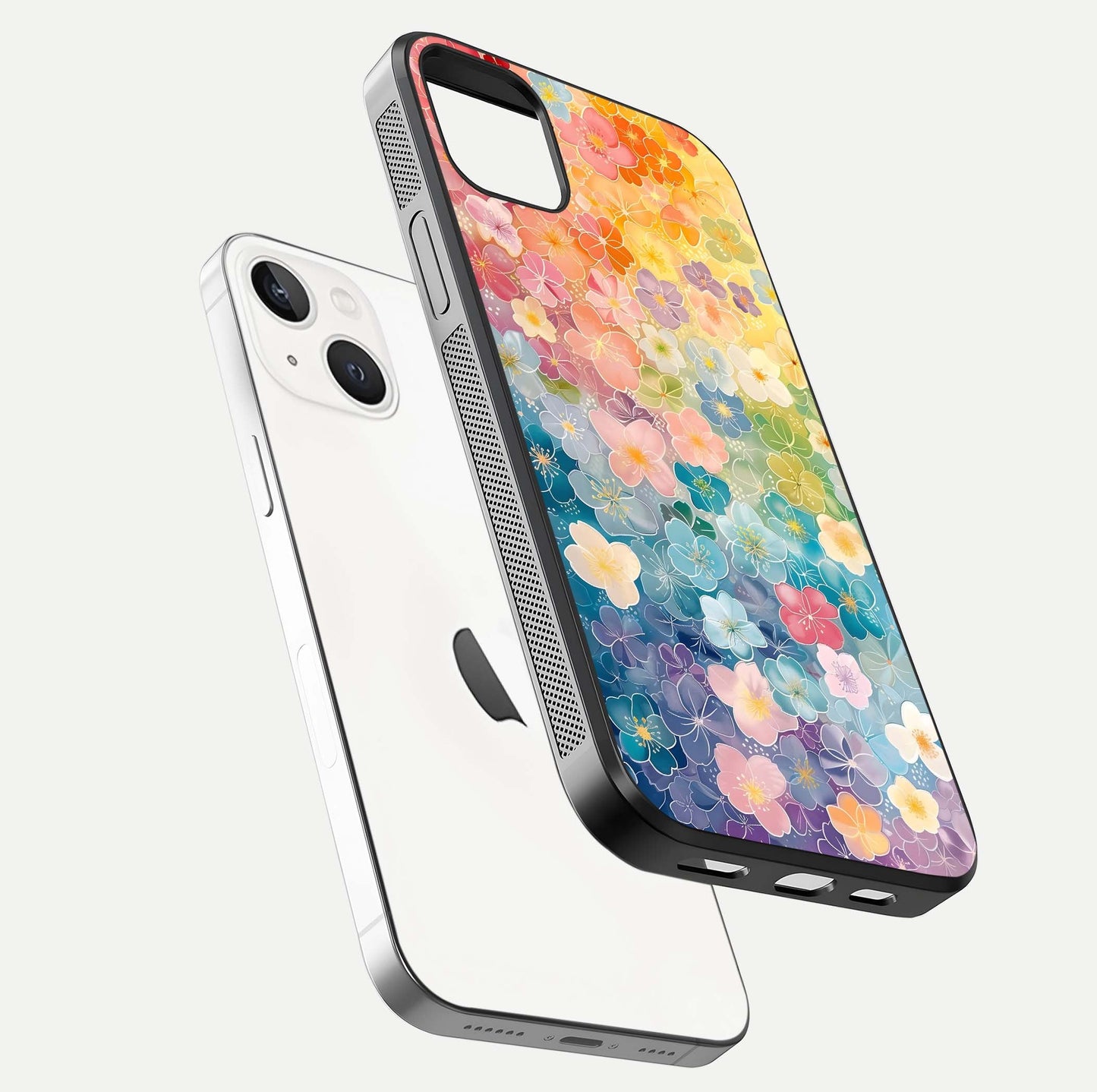 Rainbow Blossom Burst Glass Case for iPhone 14 Plus floating dual-view mockup displaying gloss and gradient pattern