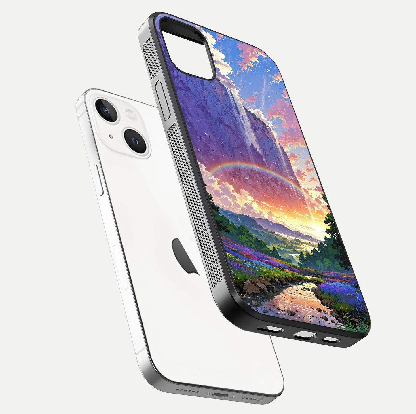 Rainbow Valley Dream Glass Case for iPhone 16 Pro floating dual-view mockup showing gloss texture and dream vibe
