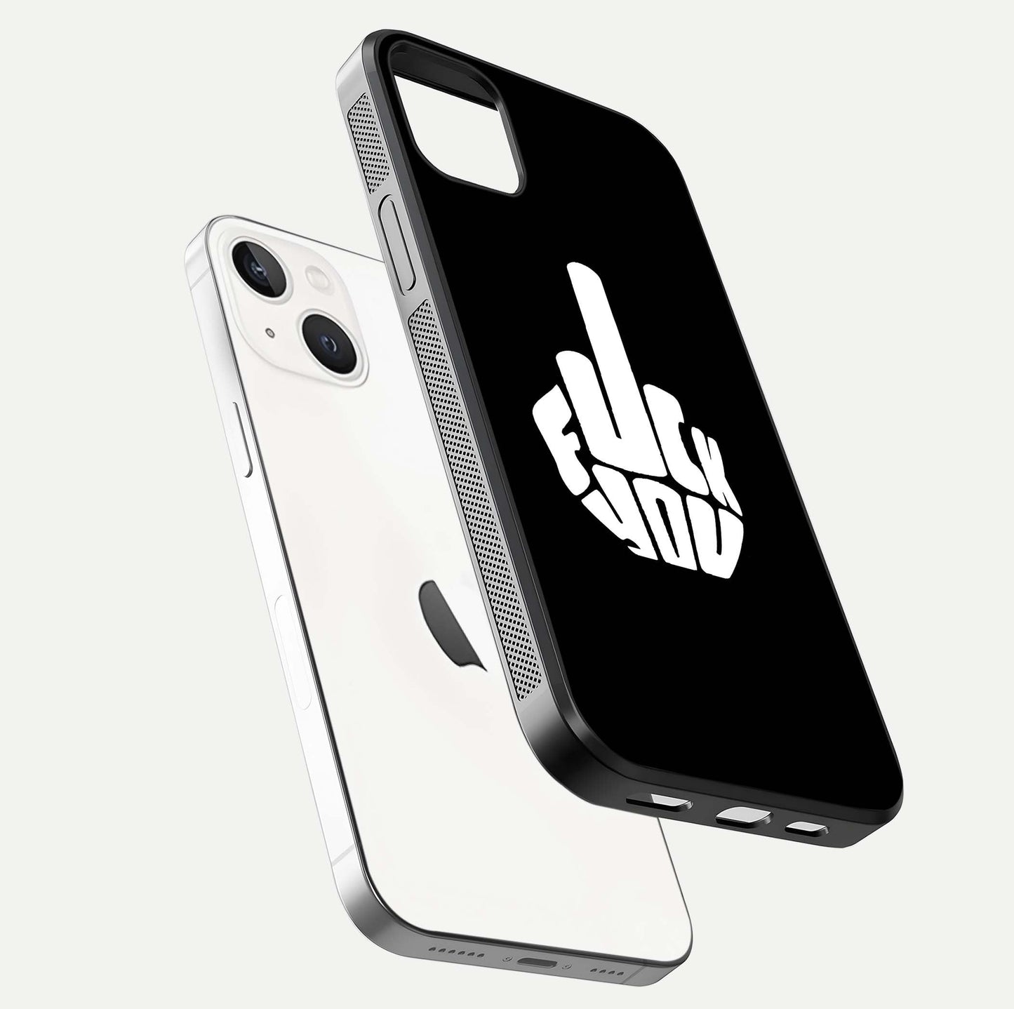 Rebel Mode On Glass Case for iPhone 14 Plus floating dual-view mockup displaying gloss shine and statement art