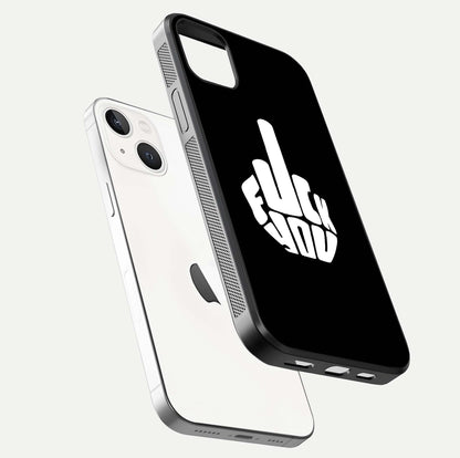 Rebel Mode On Glass Case for iPhone 14 Plus floating dual-view mockup displaying gloss shine and statement art