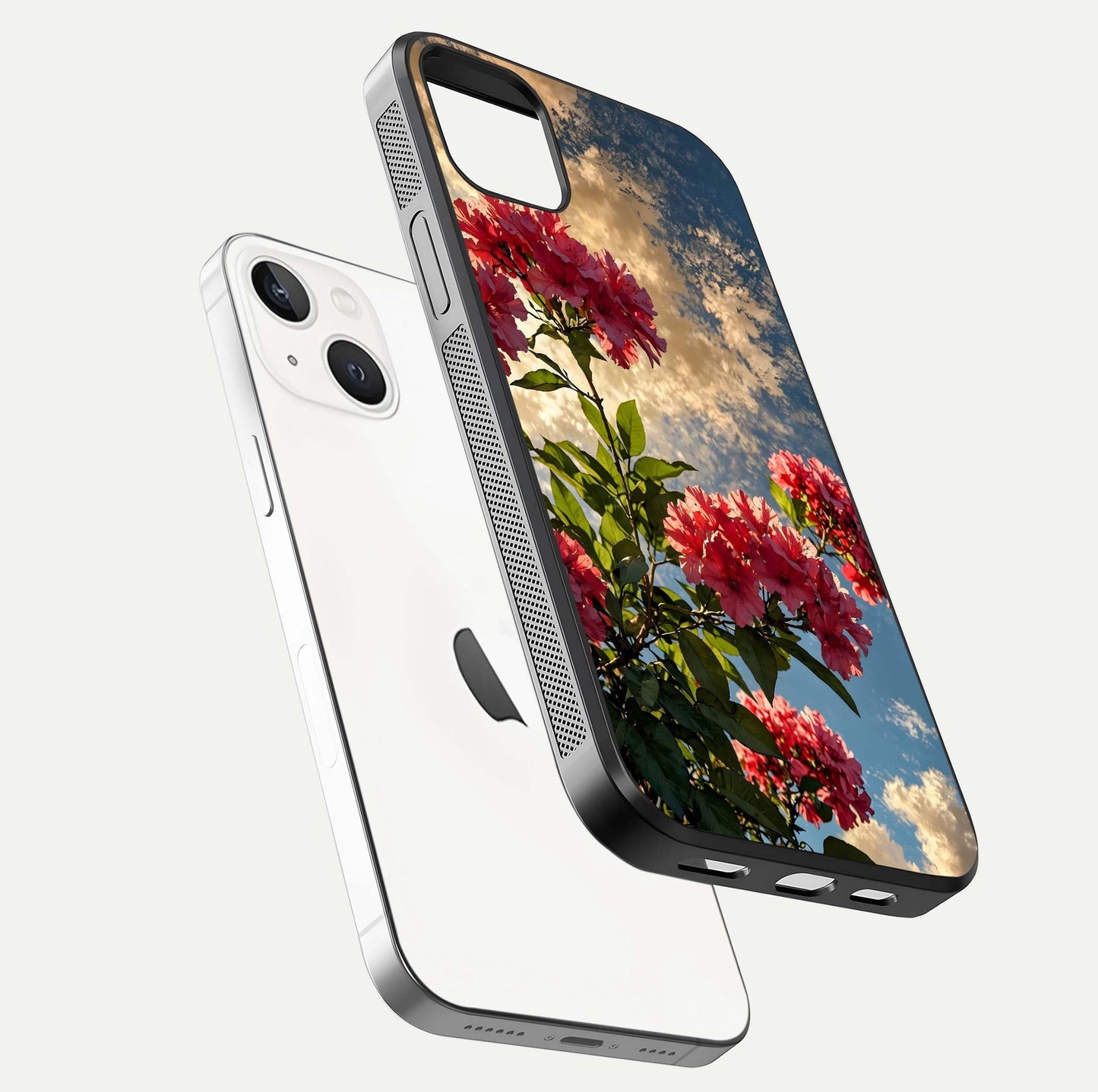 Red Bloom Skies Glass Case for iPhone 14 Plus floating dual-view mockup showing glass gloss and floral pattern