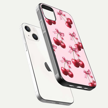 Red Cherries Pattern Glass Case for iPhone 14 Plus floating dual-view mockup showing gloss and color contrast