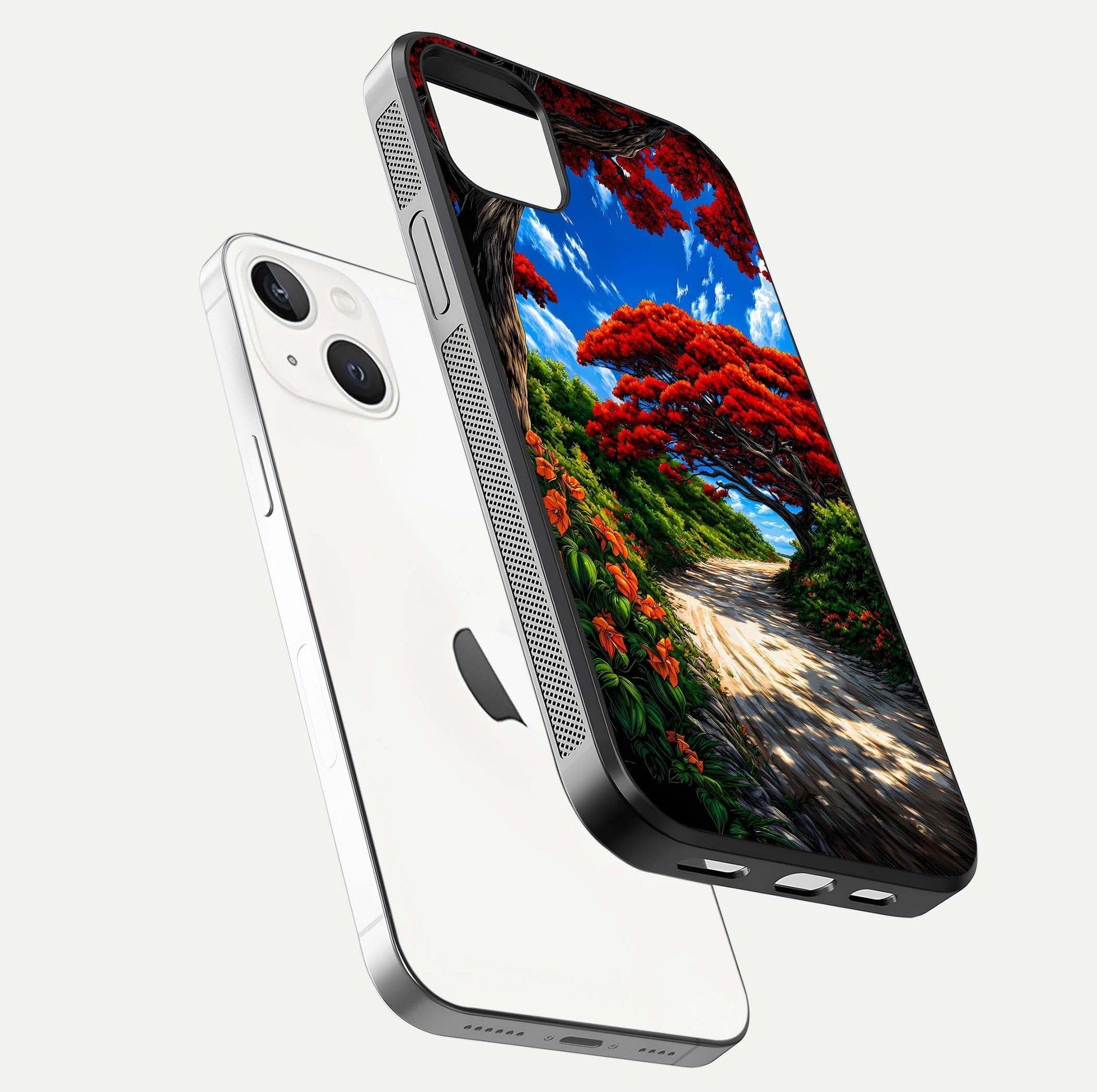 Red Trees Pathway Glass Case for iPhone 14 Plus floating dual-view mockup displaying gloss texture and print depth
