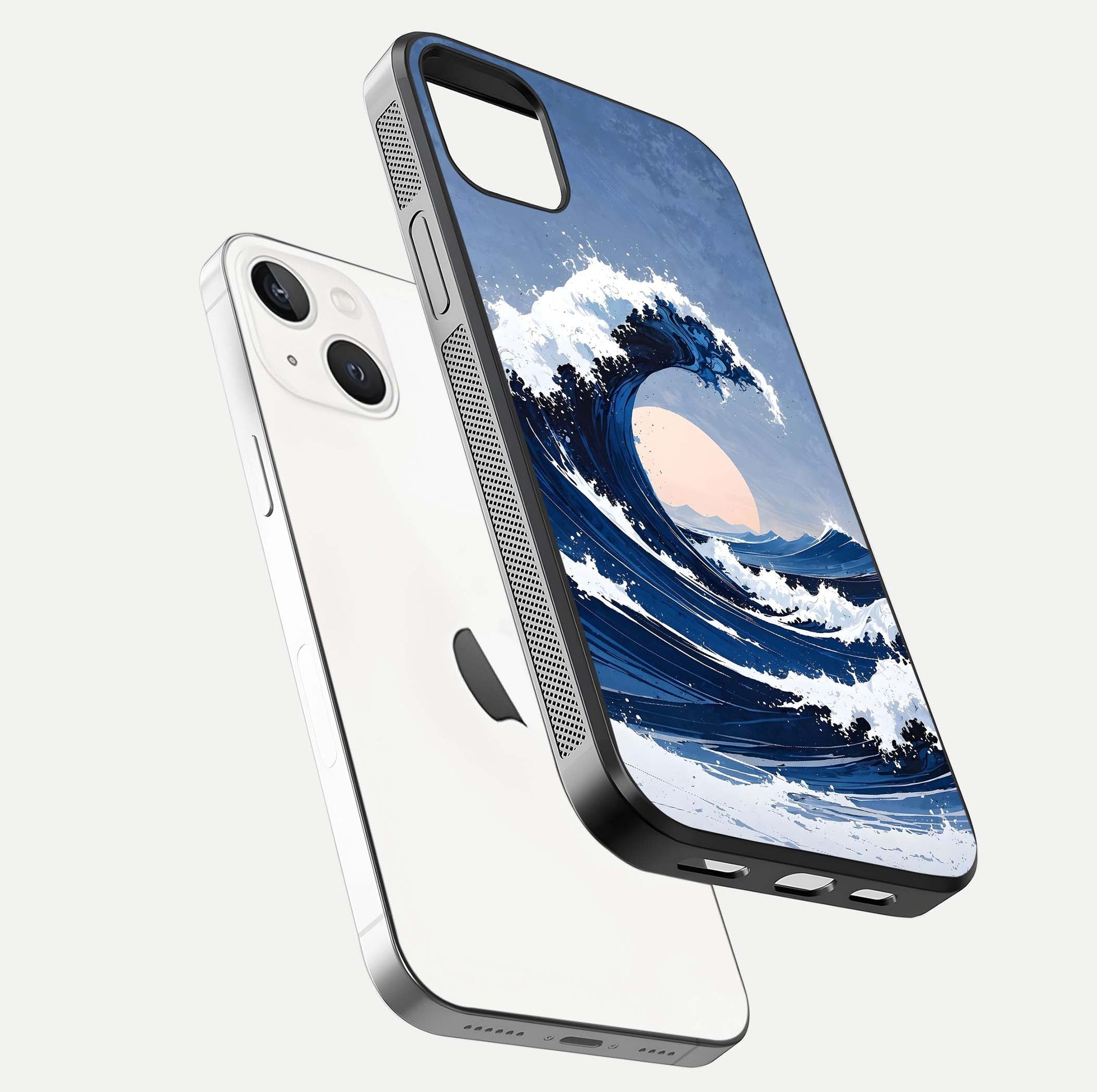 Rising Tide Power Glass Case for iPhone 14 Plus floating dual-view mockup displaying gloss texture and flow pattern