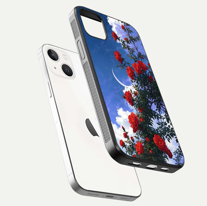 Rose Drift Flowers Glass Case for iPhone 14 Plus floating dual-view mockup showing gloss shine and floral tone