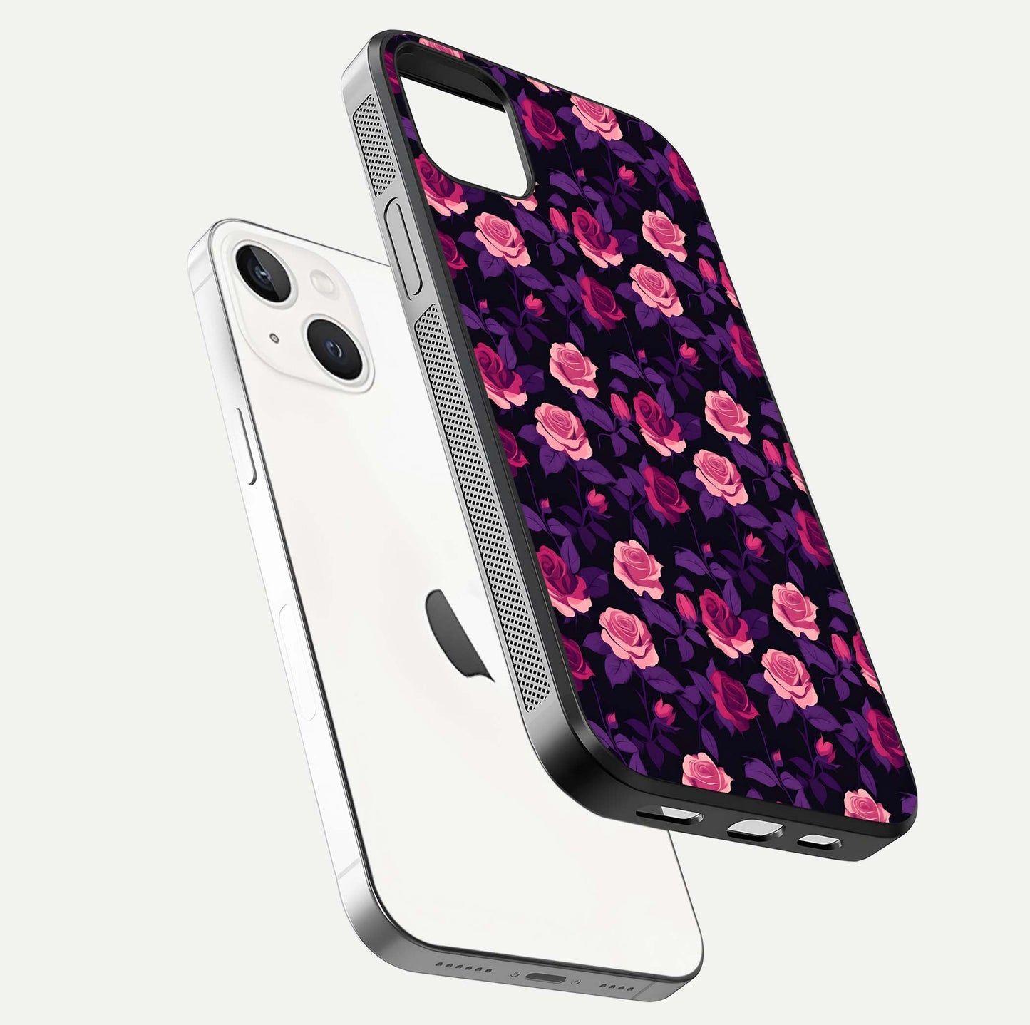 Rose Garden Twilight Glass Case for iPhone 14 Plus floating dual-view mockup displaying gloss surface and depth