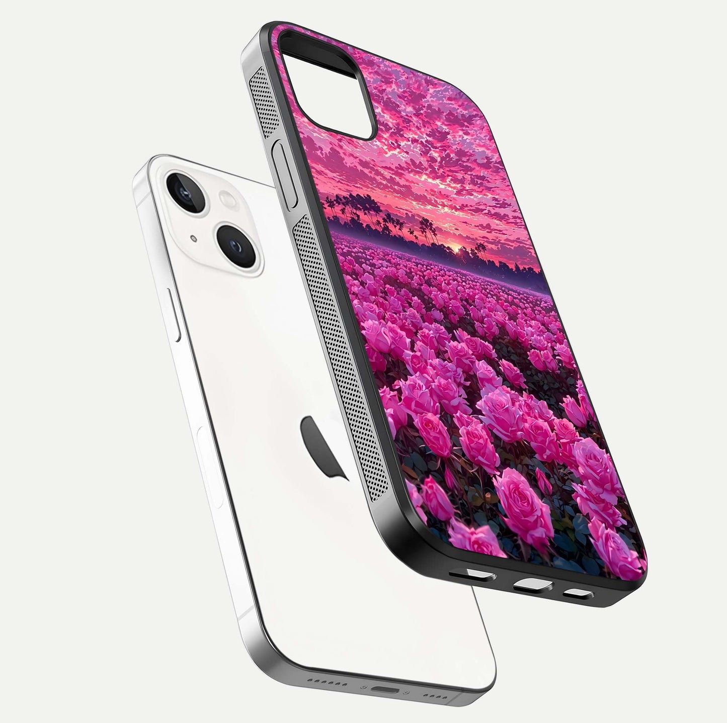 Rose Sunset Valley Glass Case for iPhone 14 Plus floating dual-view mockup showing gloss reflection and art depth