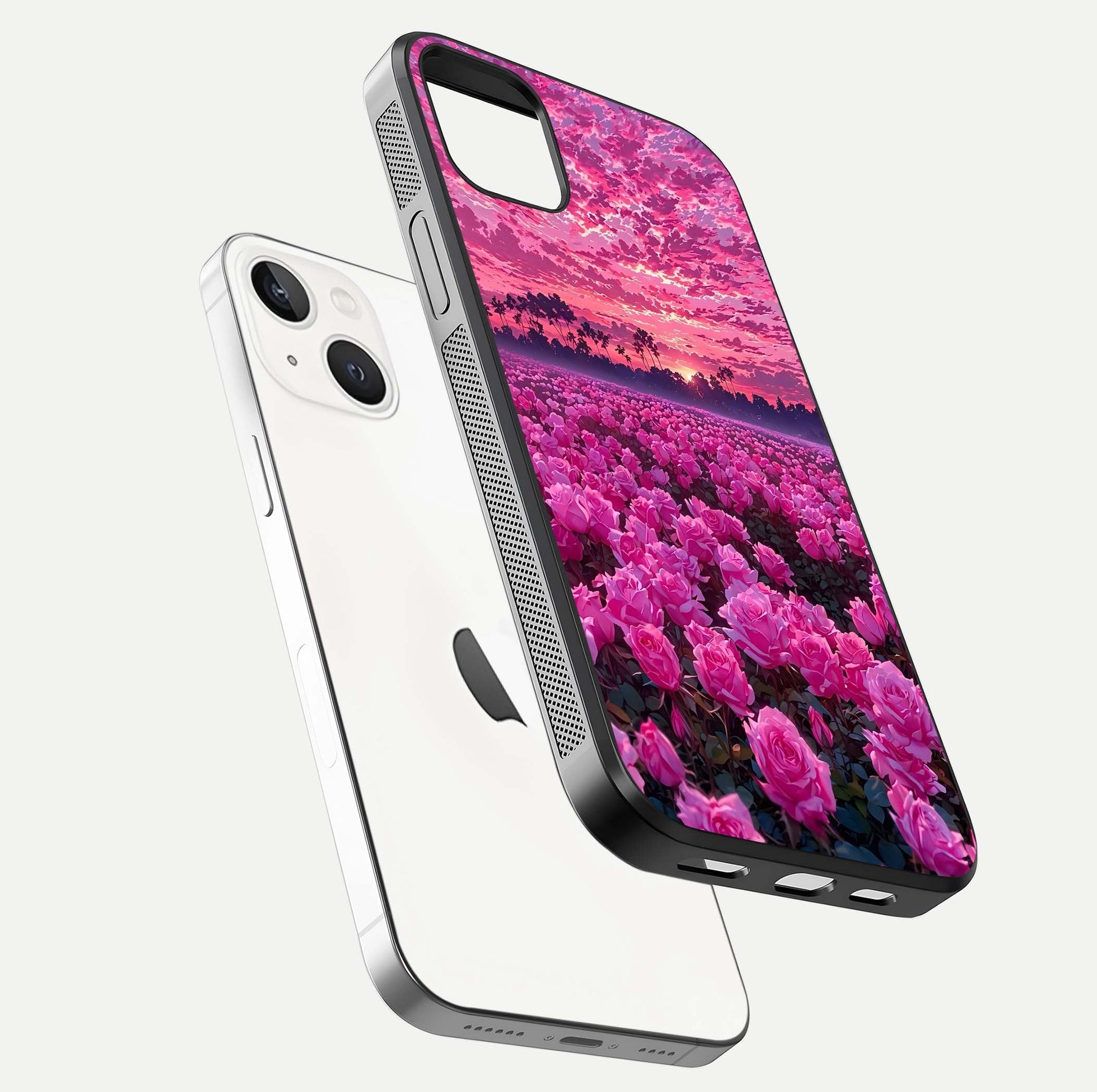 Rose Sunset Valley Glass Case for iPhone 14 Plus floating dual-view mockup showing gloss reflection and art depth