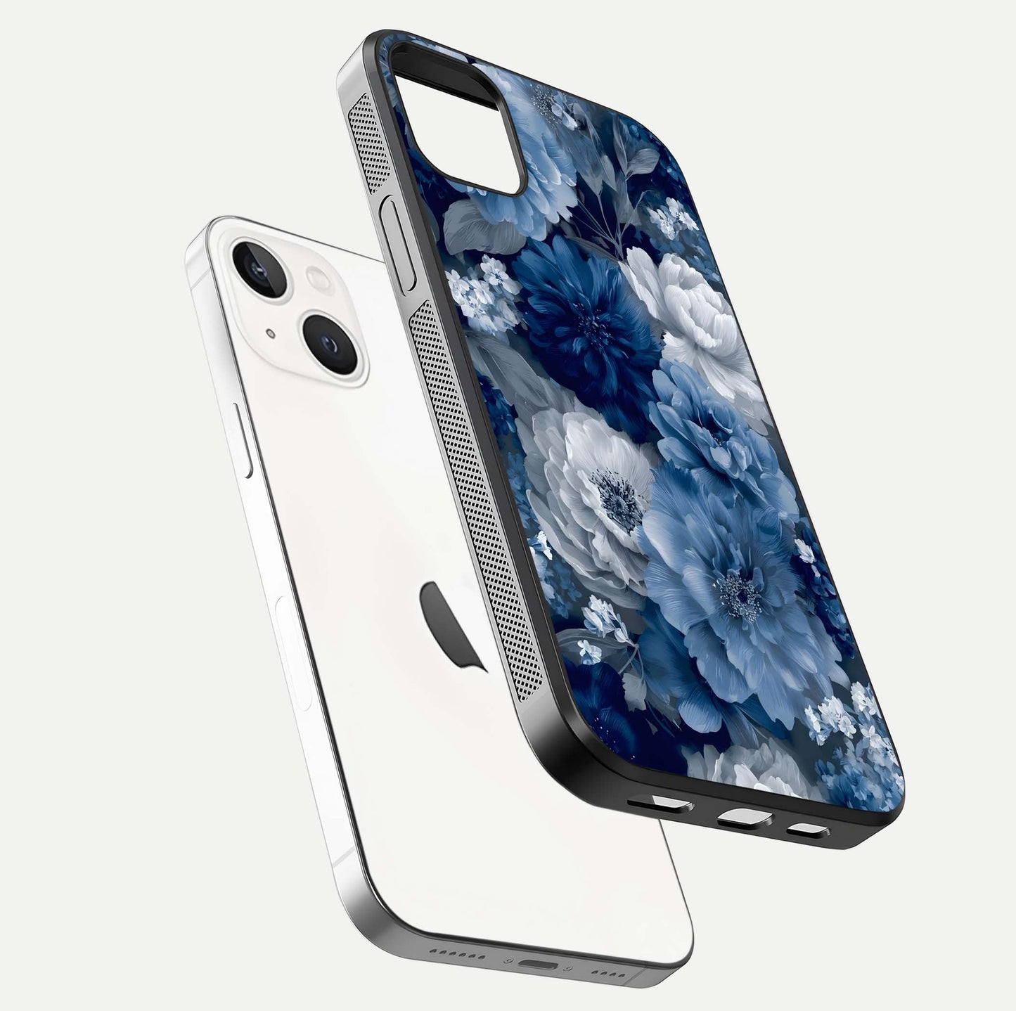 Royal Bloom Garden Glass Case for iPhone 14 Plus floating dual-view mockup displaying gloss and print clarity