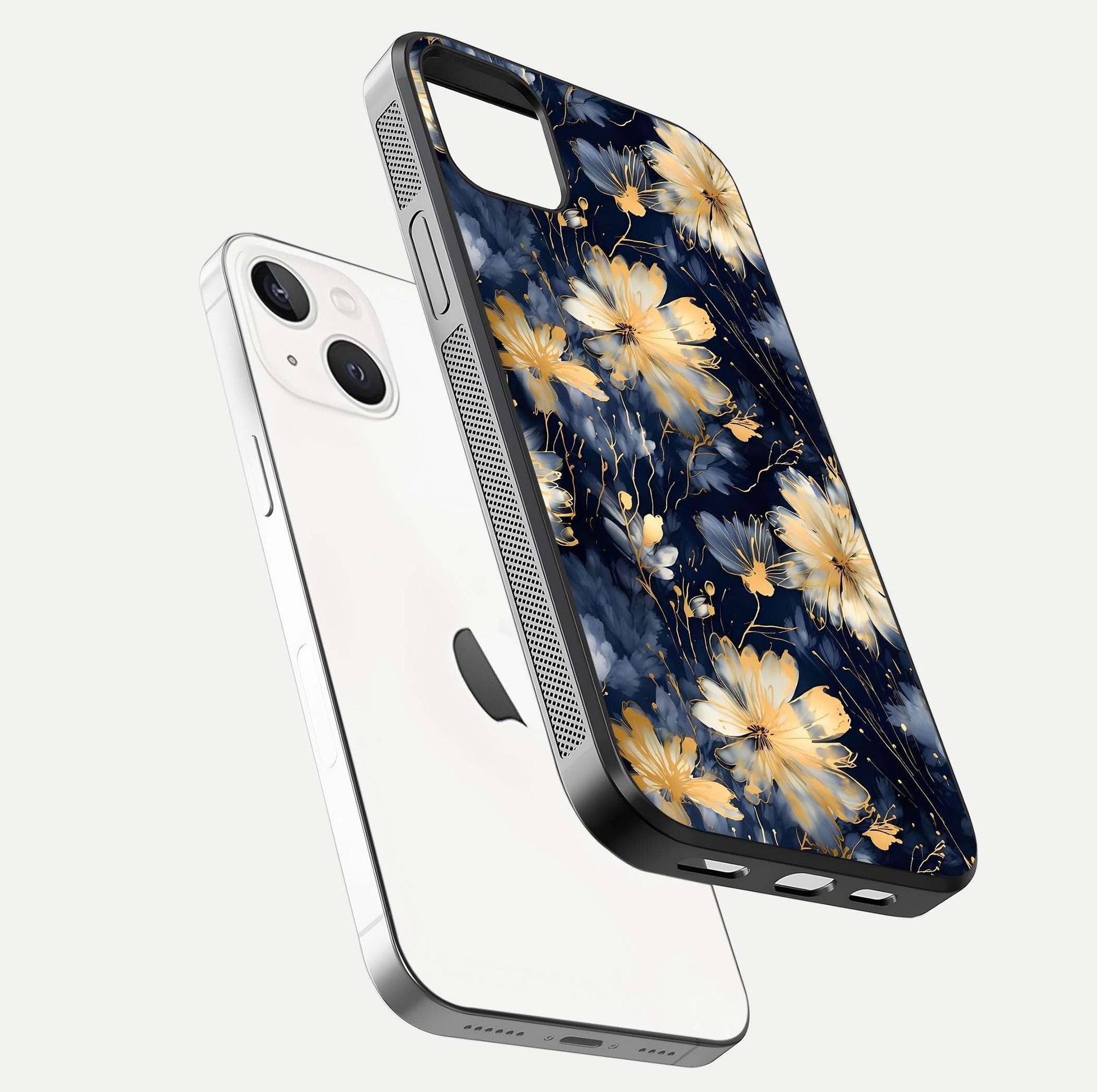 Royal Petal Dream Glass Case for iPhone 14 Plus floating dual-view mockup displaying gloss reflection and tone contrast