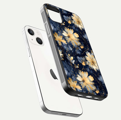 Royal Petal Dream Glass Case for iPhone 14 Plus floating dual-view mockup displaying gloss reflection and tone contrast