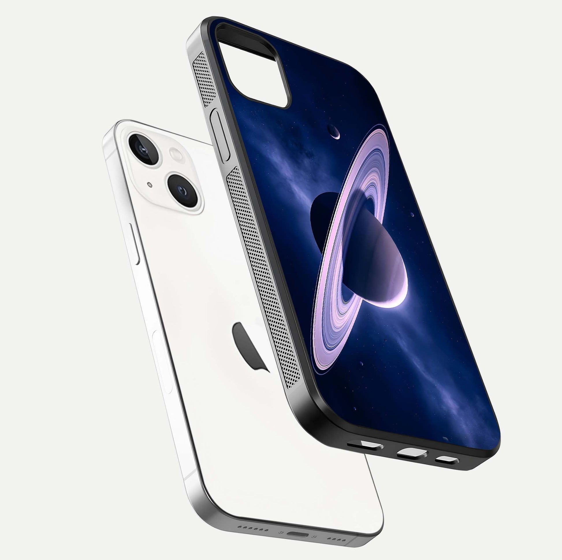 Saturn Ring Mystique Glass Case for iPhone 14 Plus floating dual-view mockup showing gloss finish and star detail