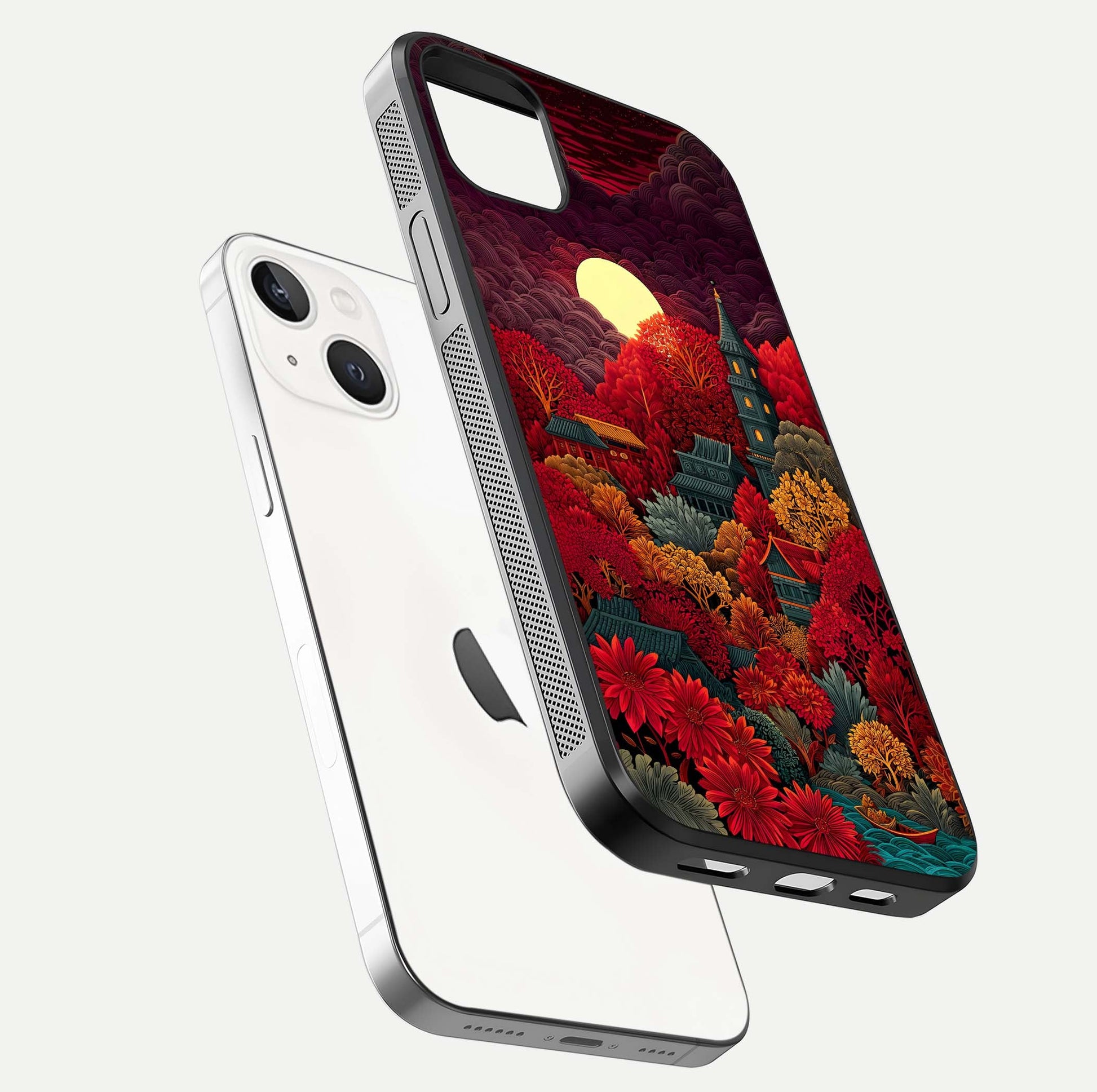 Scarlet Autumn Temple Glass Case for iPhone 14 Plus floating dual-view mockup displaying gloss shine and autumn tones