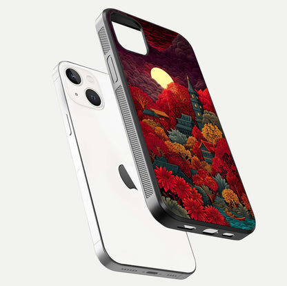 Scarlet Autumn Temple Glass Case for iPhone 14 Plus floating dual-view mockup displaying gloss shine and autumn tones