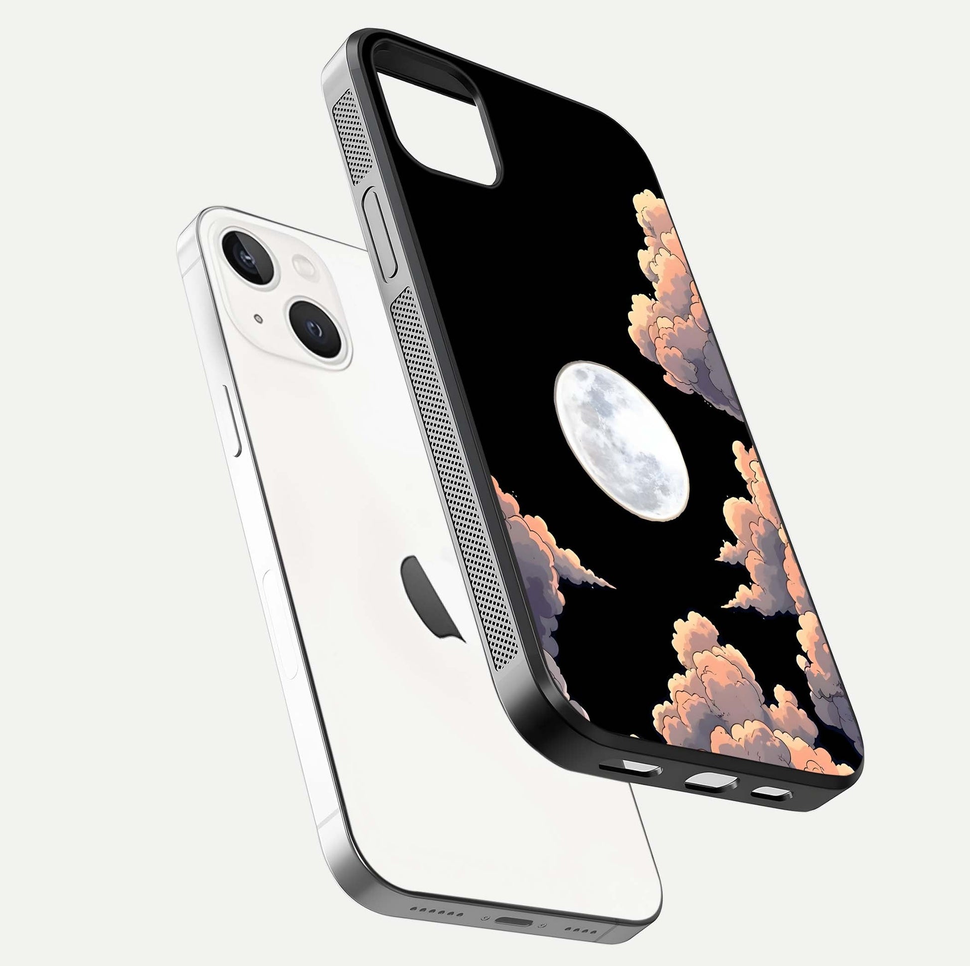 Shade Cloud Moon Glass Case for iPhone 14 Plus floating dual-view mockup showing gloss and celestial texture