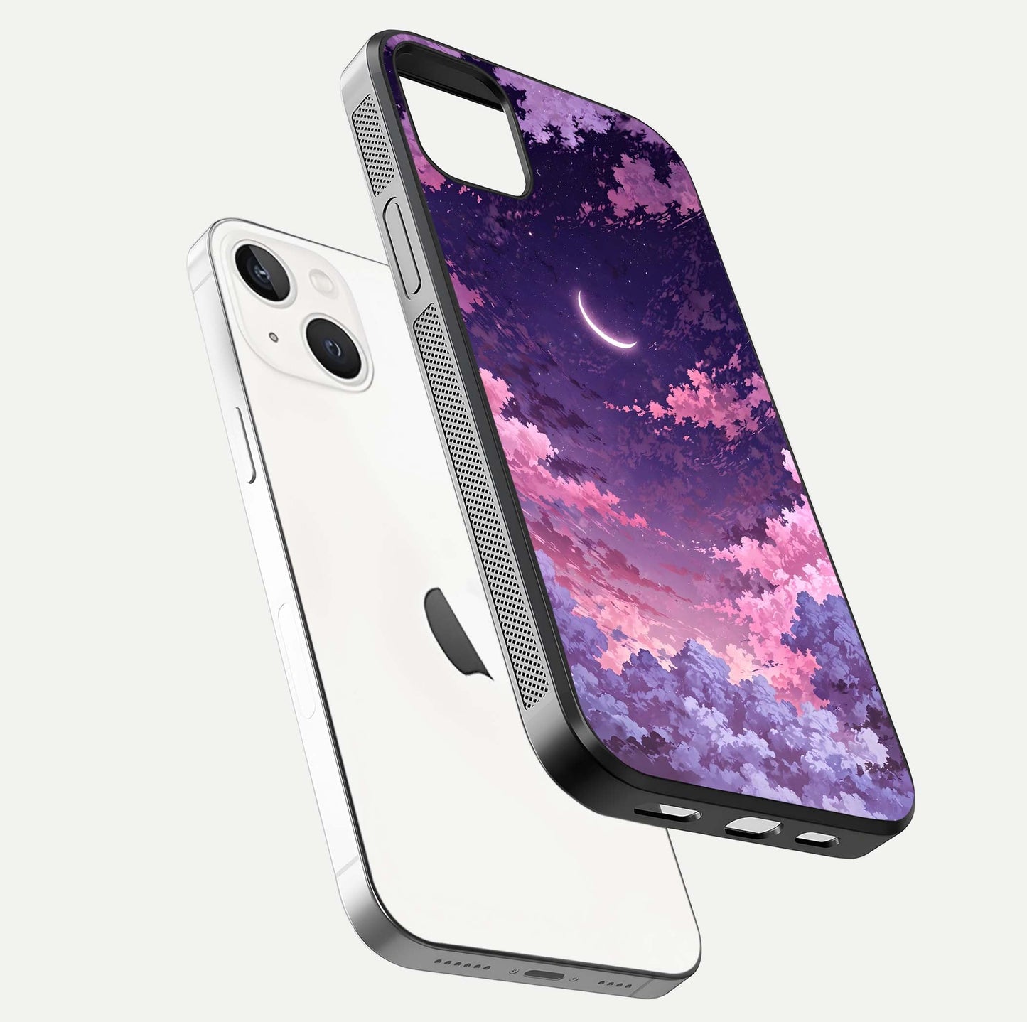 Sky Drift Clouds Glass Case for iPhone 14 Plus floating dual-view mockup displaying gloss shine and depth